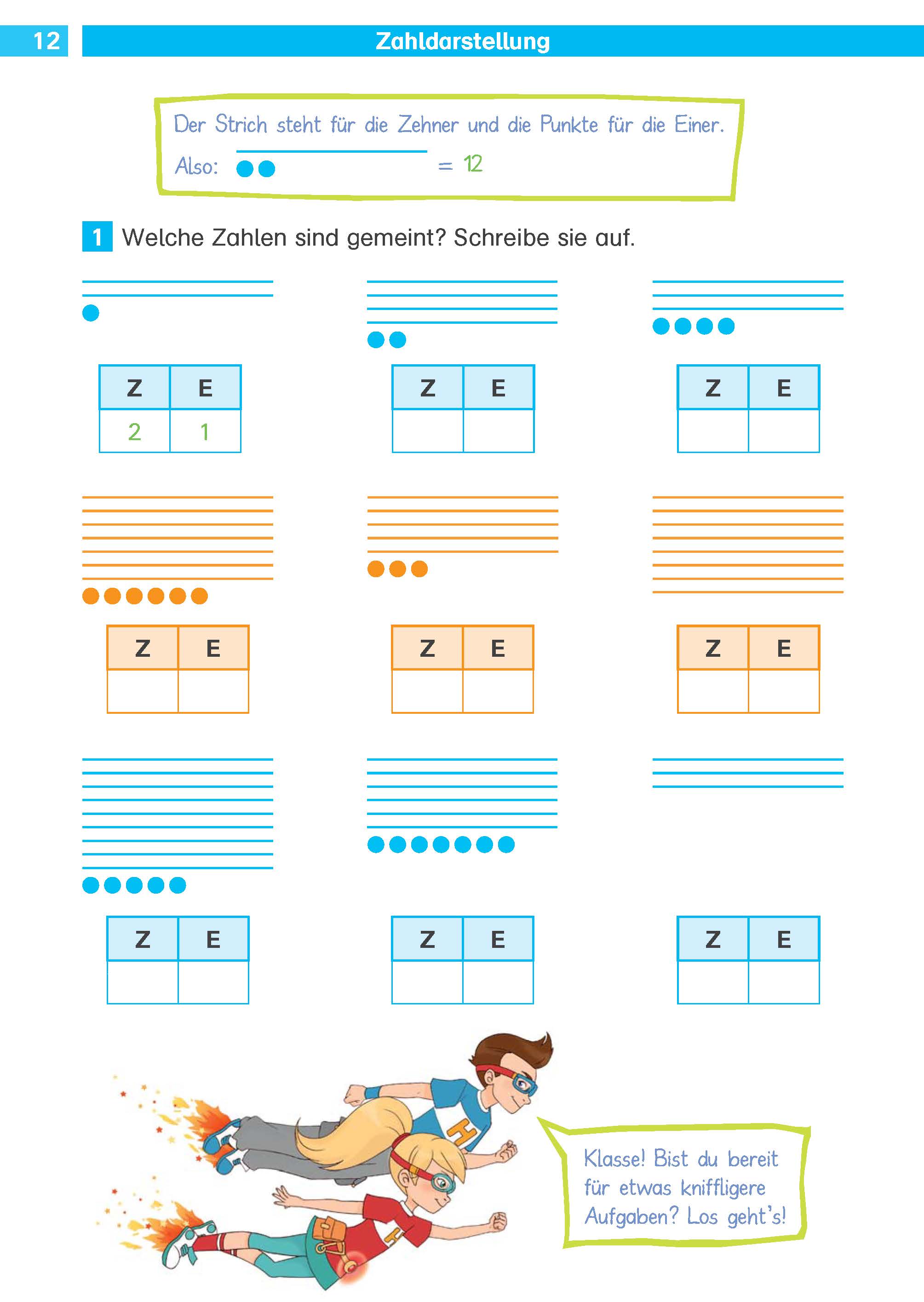 Klett Die Mathe-Helden: Rechnen bis 100 2. Klasse Ein deutsches Mathe-Arbeitsblatt zeigt Stellenwertkästchen für Zehner (Z) und Einer (E), mit Zahlen und Punkten, die die zu schreibenden Zahlen illustrieren. Zwei Cartoon-Kinder erscheinen am unteren Rand.