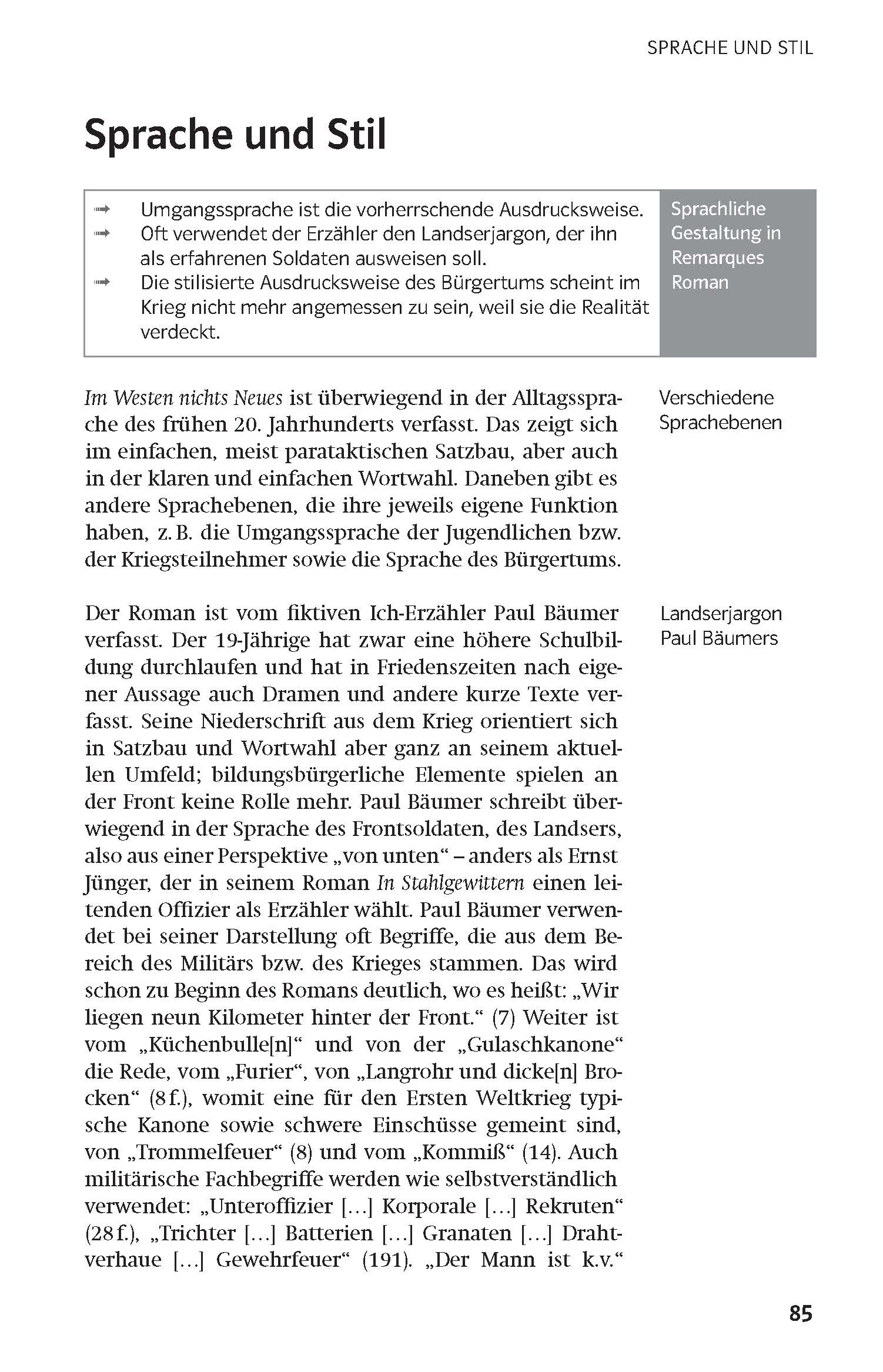 Eine Seite aus einem deutschen Buch, das Sprache und Stil in der Literatur behandelt, mit hervorgehobenen Punkten, einer Seitenleiste und einem Text, der Remarques Roman Im Westen nichts Neues analysiert.