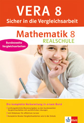 Umschlag eines deutschen Mathe-Arbeitsheftes mit dem Titel VERA 8 Mathematik 8 Realschule mit einer lächelnden Schülerin und Tipps zur Vorbereitung auf standardisierte Vergleichstests.