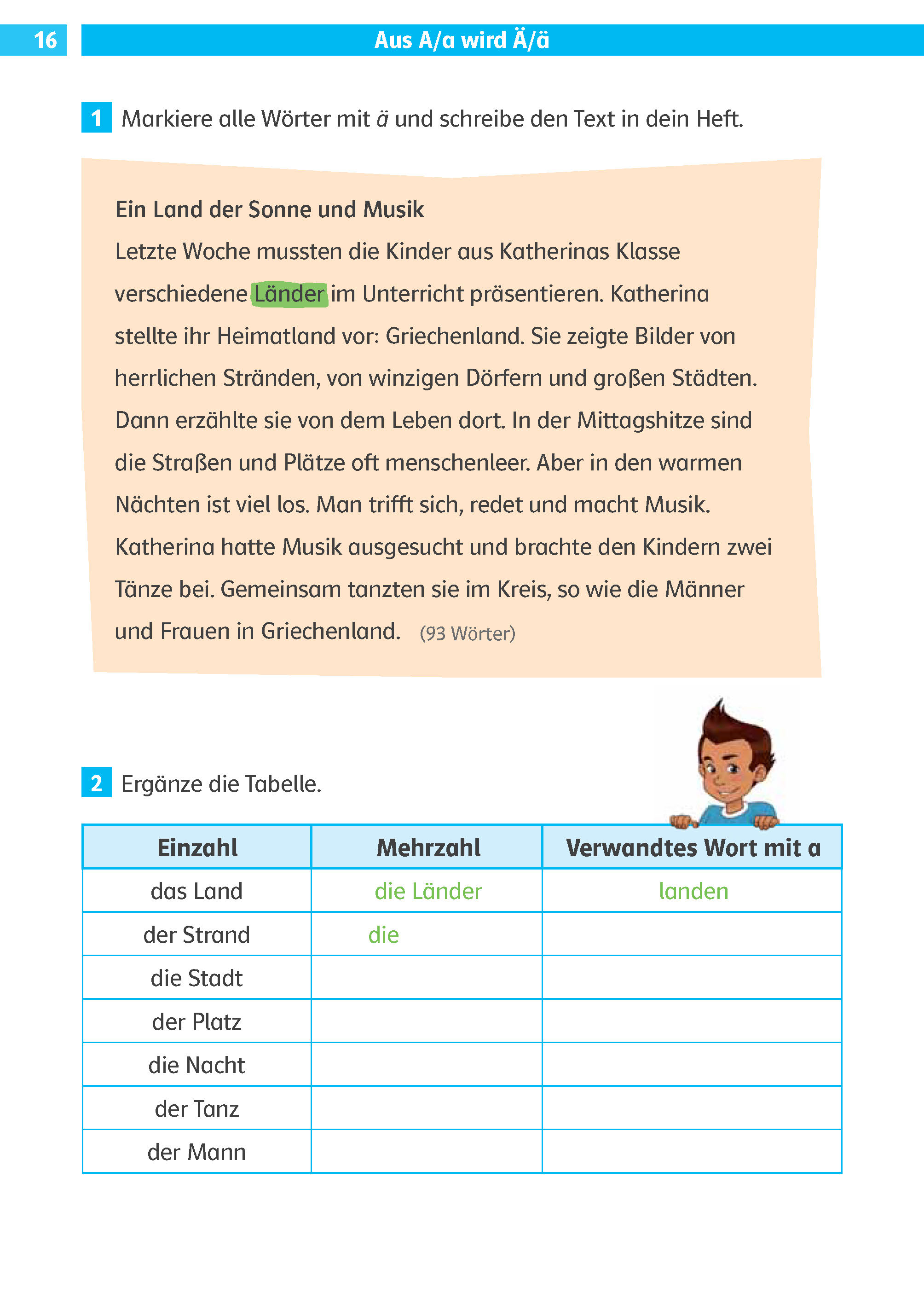 Klett Die Deutsch-Helden: Diktate 3./4. Klasse Ein Arbeitsblatt zur deutschen Sprache mit einer Lesepassage über Griechenland, einer Jungen-Ikone und einer Tabelle, in der die Singular- und Pluralformen der deutschen Wörter eingetragen werden müssen.