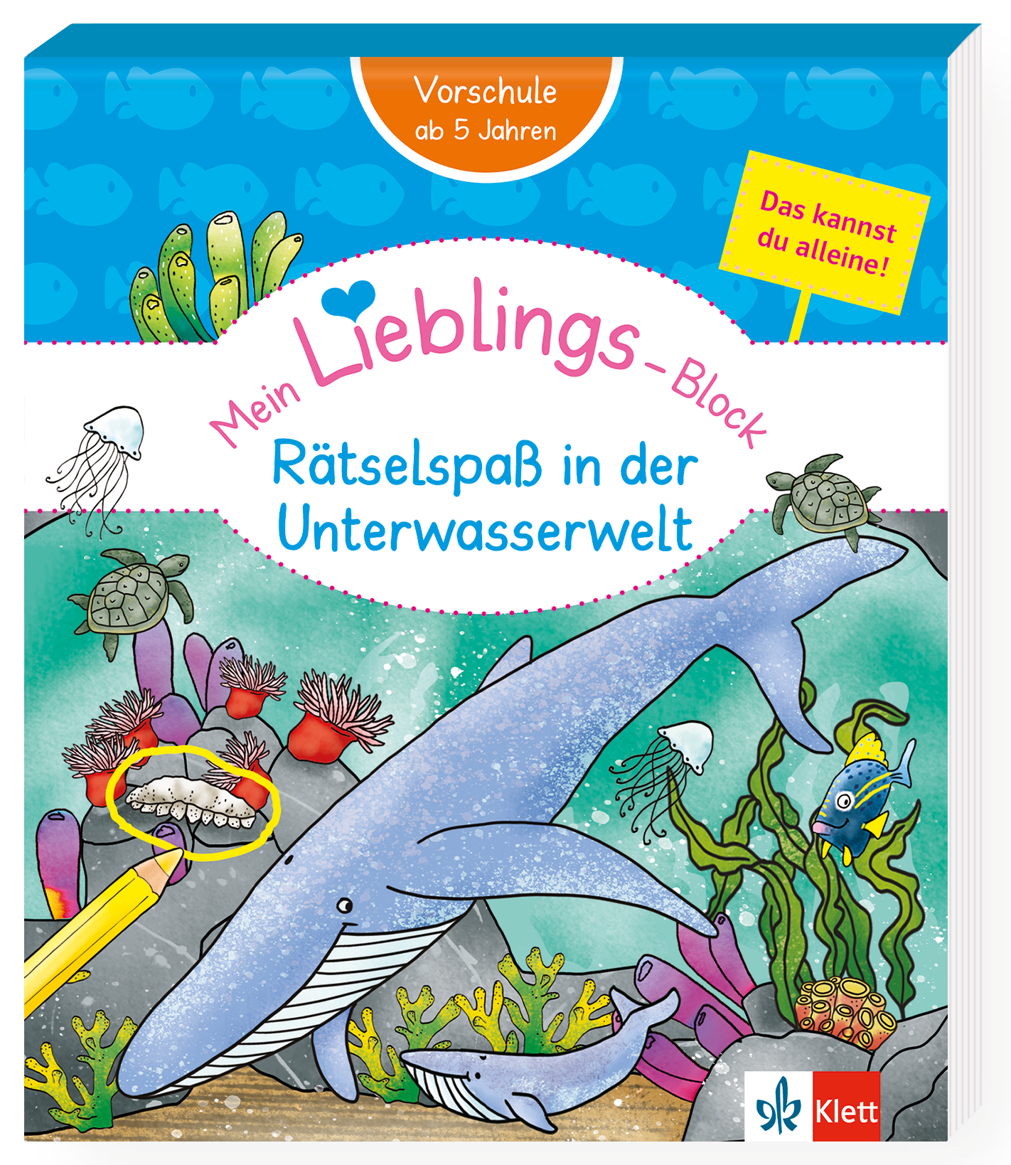 Illustriertes Kinderbuchcover mit einer Unterwasserszene mit einem Wal, Fischen, Schildkröten, Quallen und Korallen. Titel auf Deutsch: Rätselspaß in der Unterwasserwelt.