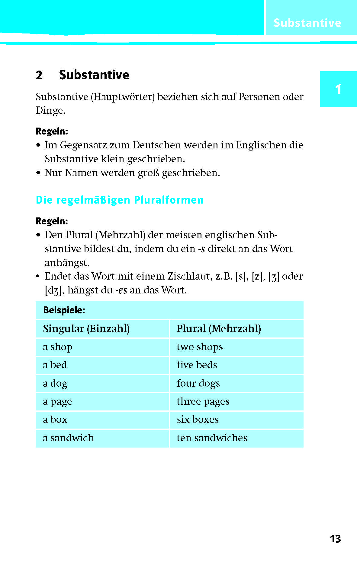 Auf einer Lehrbuchseite werden die Pluralformen der englischen Substantive erklärt, mit Regeln und Beispielen in einer zweispaltigen Tabelle, die Singular- und Pluralformen vergleicht.