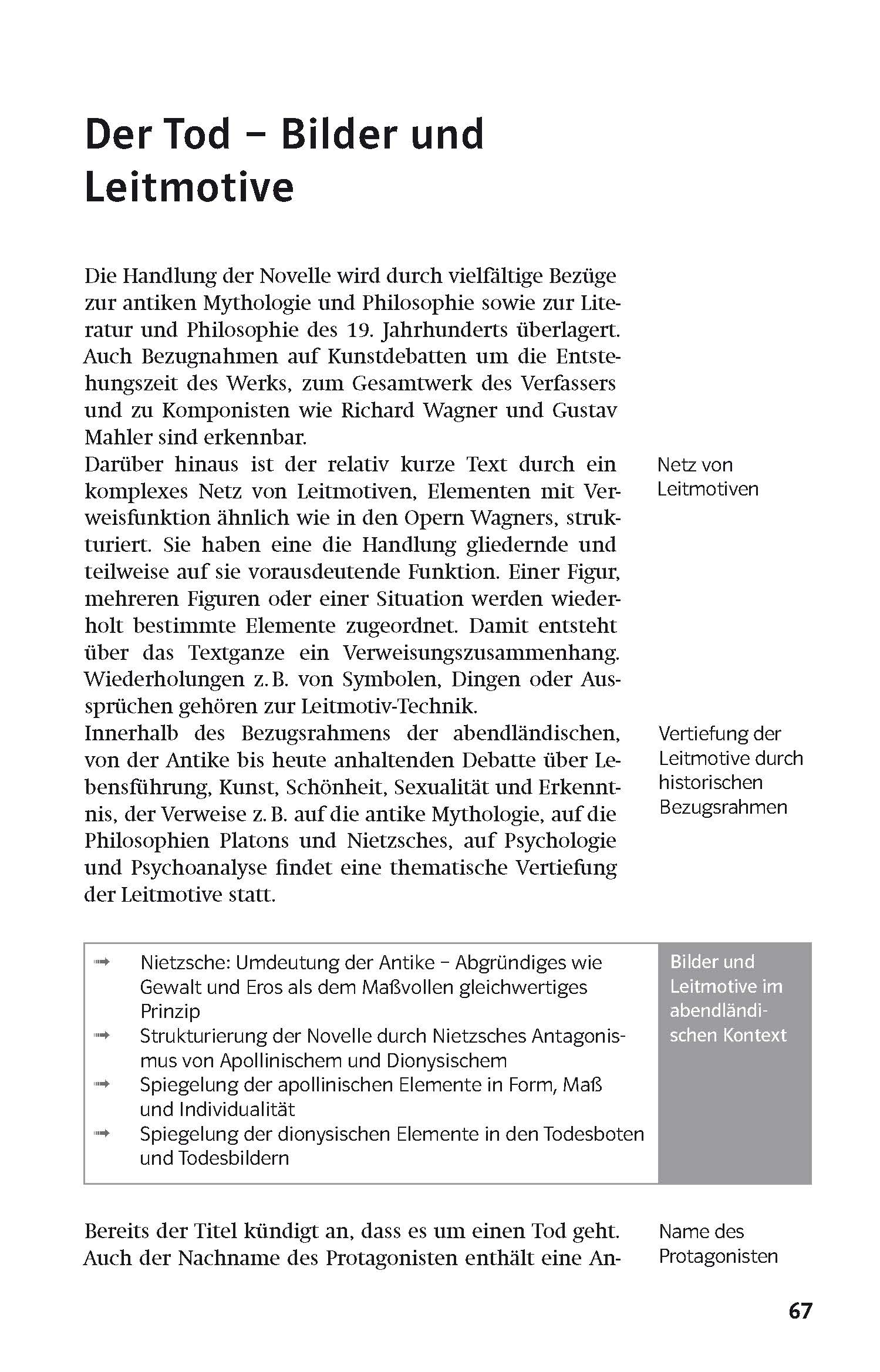 Eine Seite aus einem deutschen Lehrbuch, in dem Themen und Motive in der Literatur behandelt werden, mit Abschnitten über Leitmotive, unterstützende Elemente und Protagonistennamen.