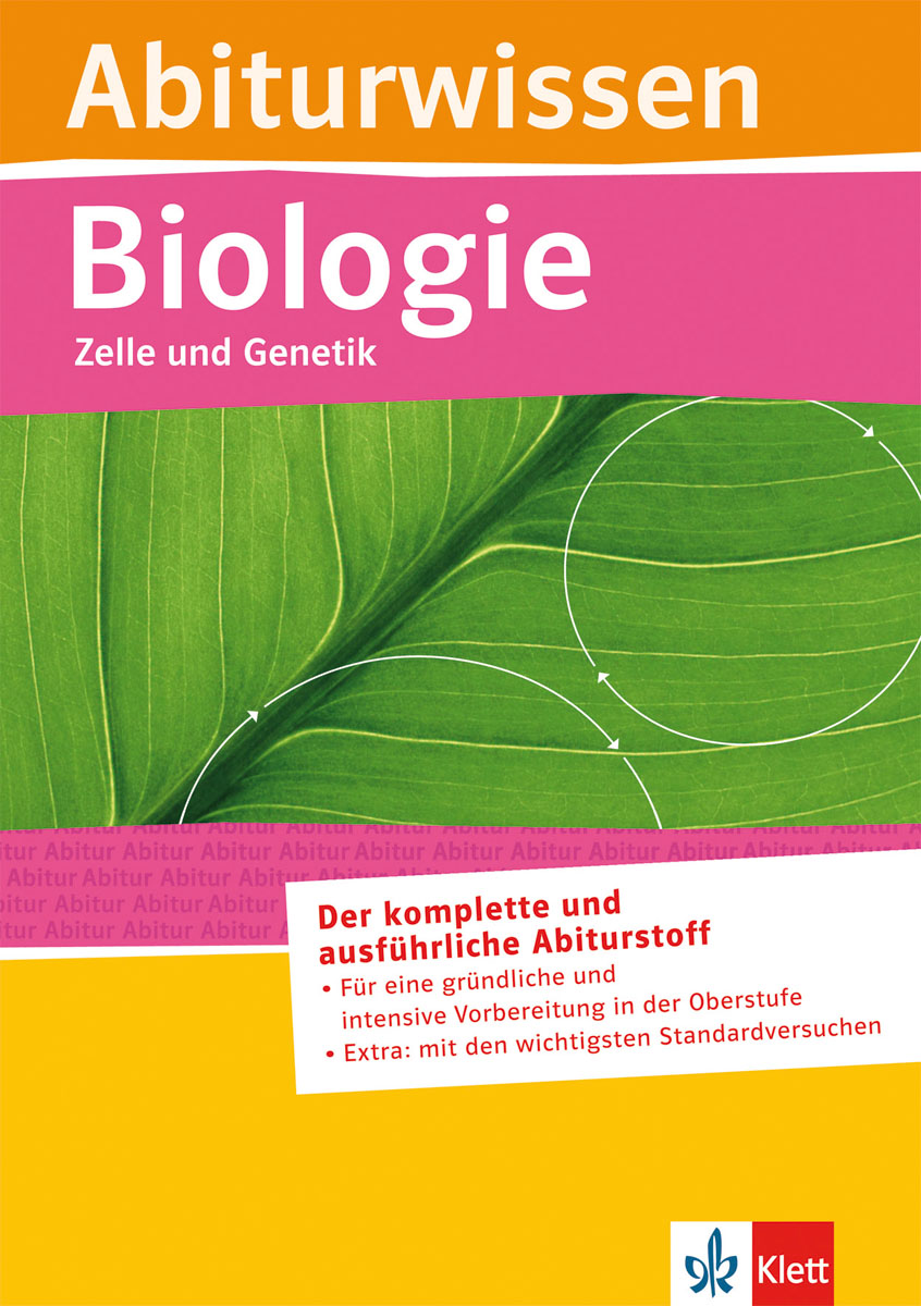 Umschlag eines deutschen Biologie-Lehrbuchs mit dem Titel Abiturwissen Biologie: Zelle und Genetik, mit einer Nahaufnahme eines grünen Blattes und einem Text zur Prüfungsvorbereitung.