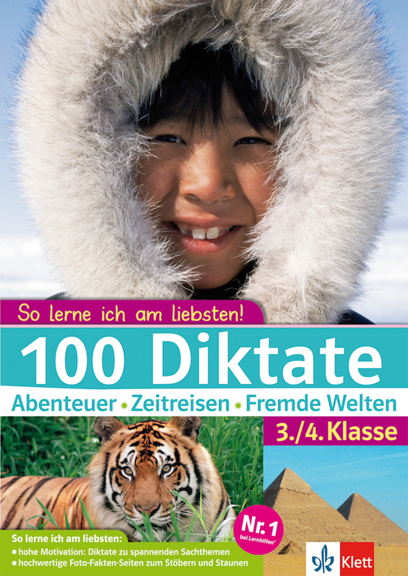 Ein lächelndes Kind in einem Mantel mit Pelzkapuze erscheint über dem Umschlag eines deutschen Lehrbuchs mit dem Titel 100 Diktate für die Klassen 3 und 4, das im Vordergrund einen Tiger zeigt.