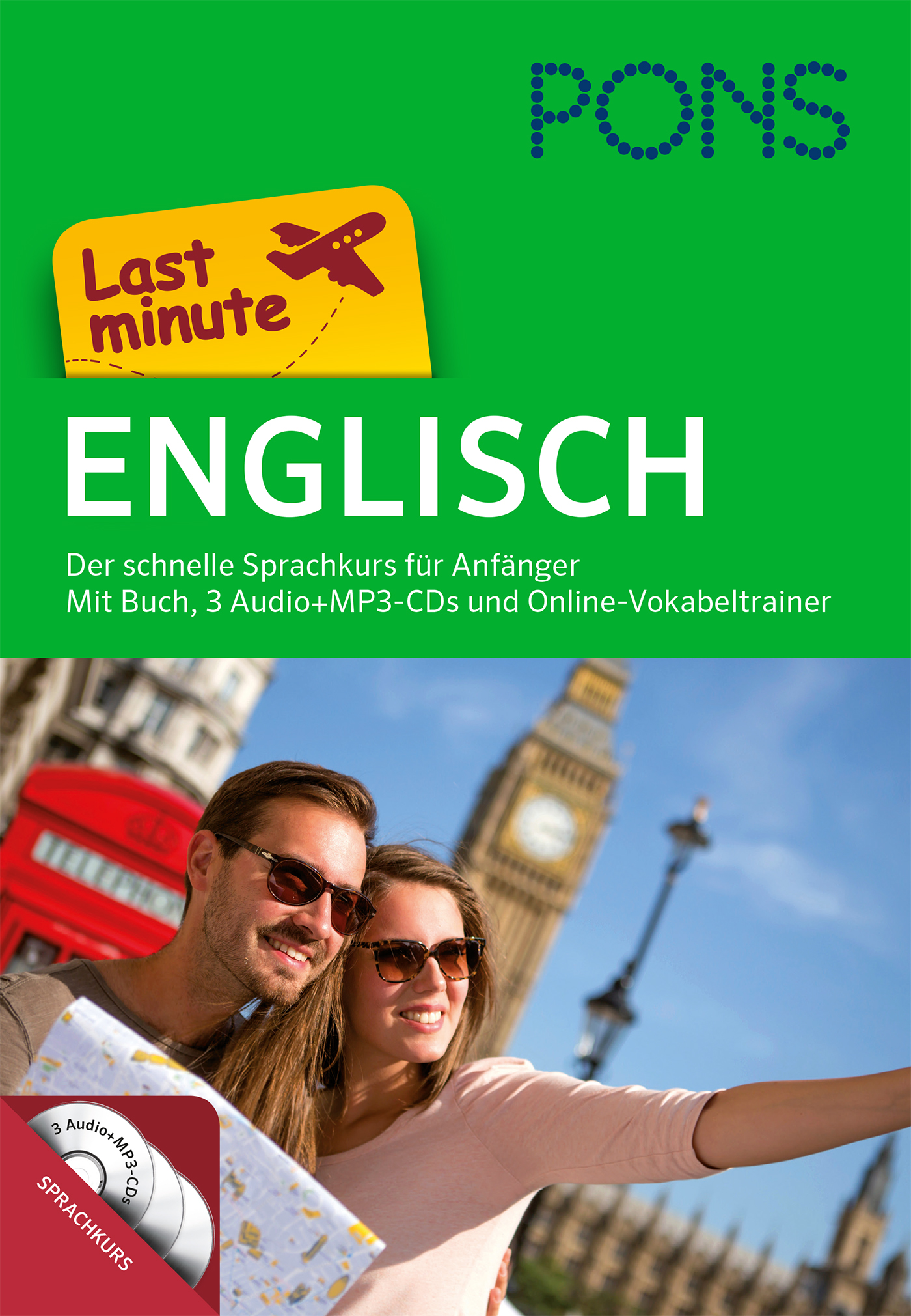 Ein Paar macht ein Selfie vor dem Big Ben in London. Das Buchcover wirbt für einen PONS-Englischkurs für Anfänger mit Audio- und Online-Ressourcen.