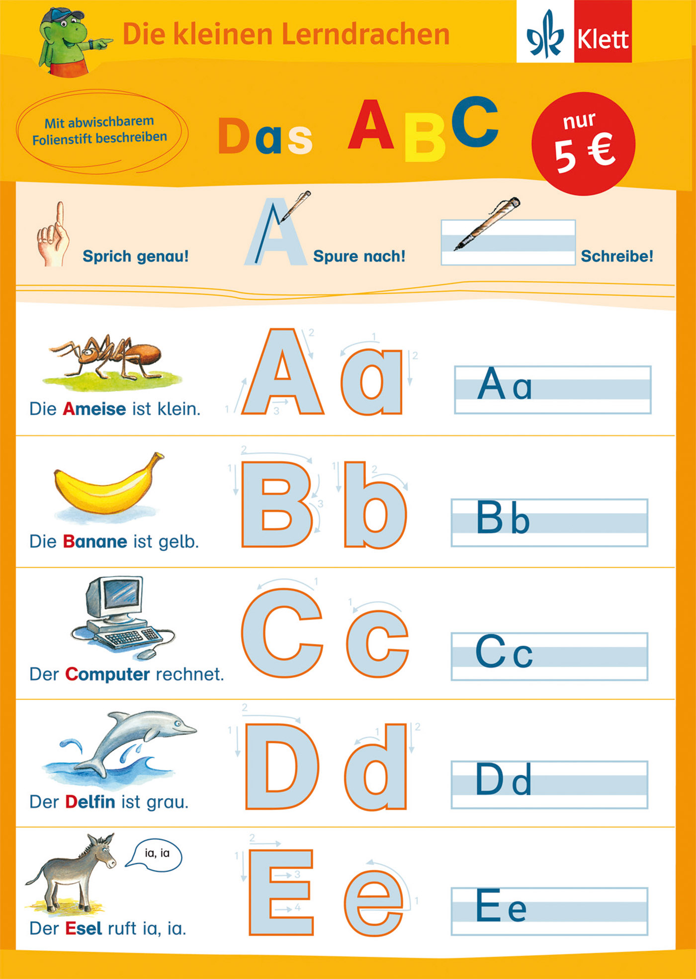 Ein Lernblatt für das deutsche Alphabet mit Illustrationen und Beispielwörtern für die Buchstaben A bis E, die Gegenstände wie Ameise, Banane, Computer, Delphin und Esel zeigen.