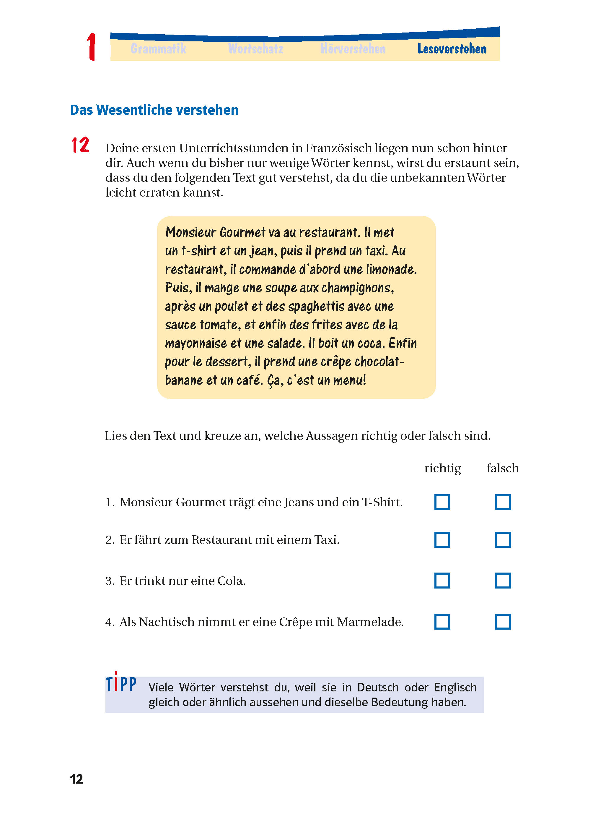 Ein Arbeitsblatt zum Erlernen der deutschen Sprache mit einem französischen Restaurantdialog, Verständnisfragen und Kästchen für die Antworten.