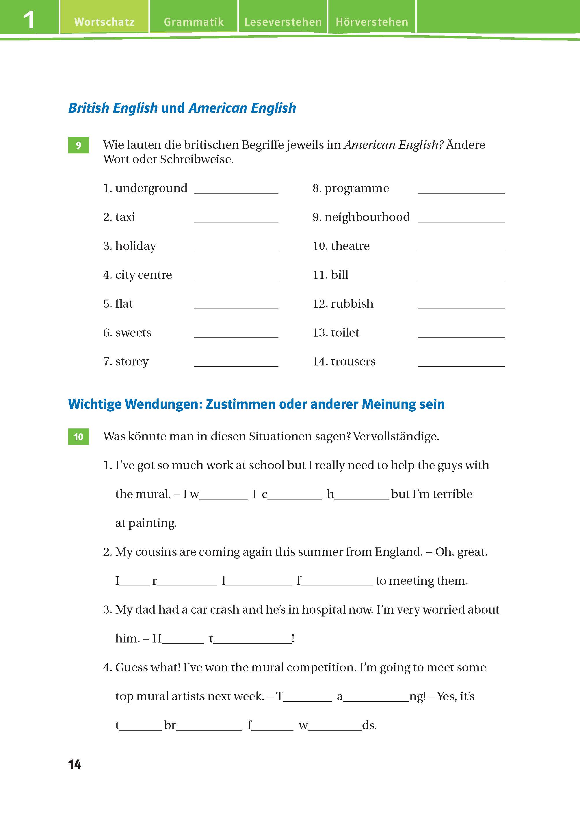 Eine Arbeitsbuchseite mit Vokabeln und Grammatikübungen auf Deutsch und Englisch, die sich auf britisches und amerikanisches Englisch und den Ausdruck von Zustimmung oder Ablehnung konzentrieren.