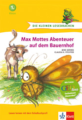 Kinderbuchcover mit einer Cartoon-Kuh und einem Insekt mit großen Augen im Gras. Der Titel lautet Max Mottes Abenteuer auf dem Bauernhof. Der Hintergrund ist meist gelb und grün.