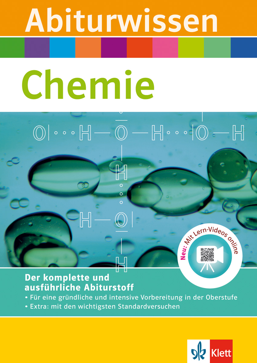 Umschlag eines deutschen Chemie-Lernbuchs mit dem Titel Abiturwissen Chemie mit chemischen Strukturen und grünen Flüssigkeitströpfchen im Hintergrund.