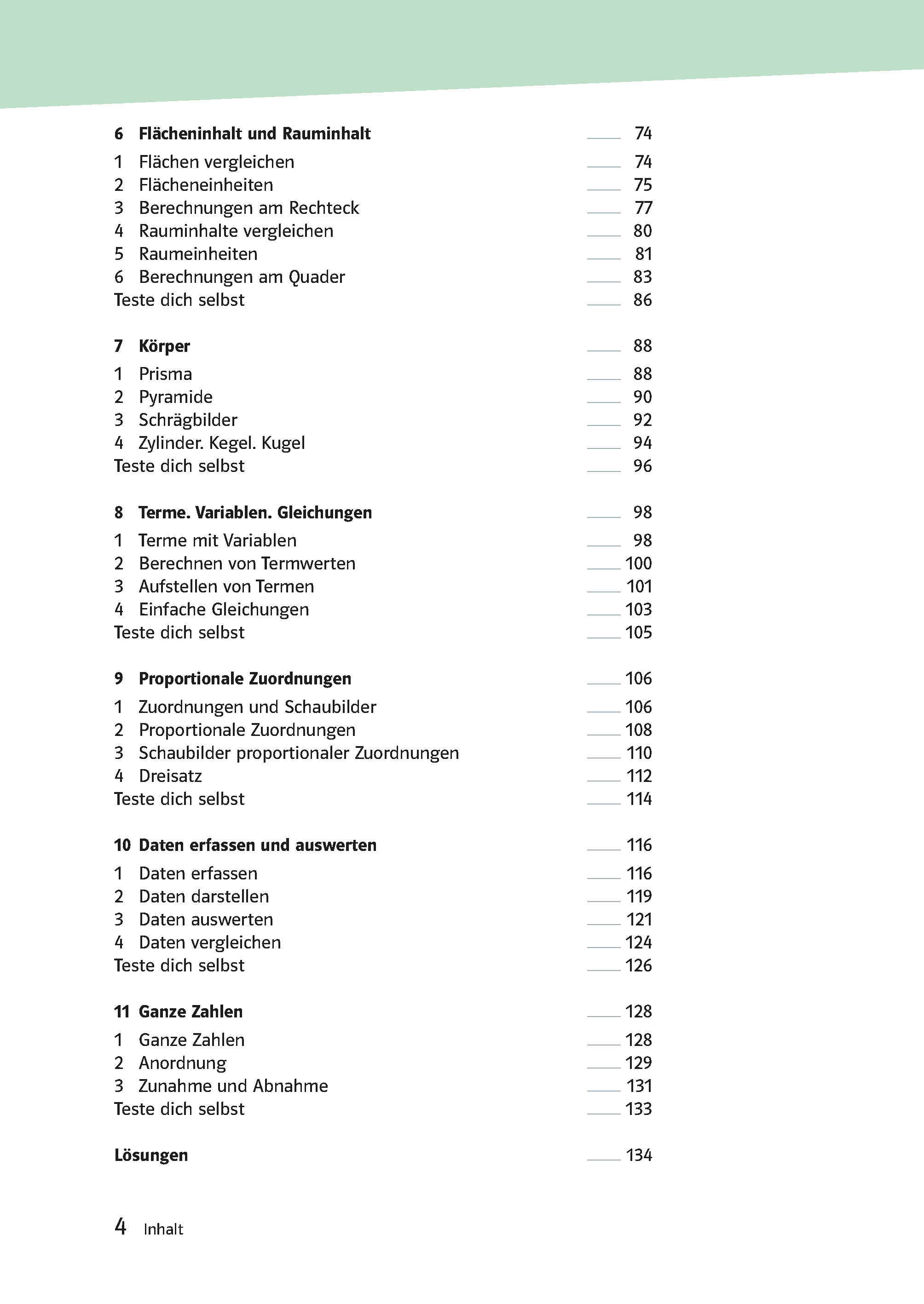 Inhaltsverzeichnis, das die Kapitel und Unterthemen eines Mathematiklehrbuchs auflistet, darunter Abschnitte über Raum, Formen, Gleichungen, Proportionen, Datenanalyse und das Lösen von Gleichungen.