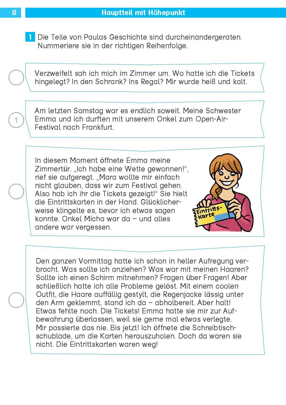 Klett Die Deutsch-Helden: Aufsatz 4. Klasse Seite aus einem deutschsprachigen Arbeitsheft mit einer Übung zum Leseverstehen über den Besuch eines Open-Air-Festivals, mit nummerierten Sprechblasen und Illustrationen eines Mädchens und von Eintrittskarten.