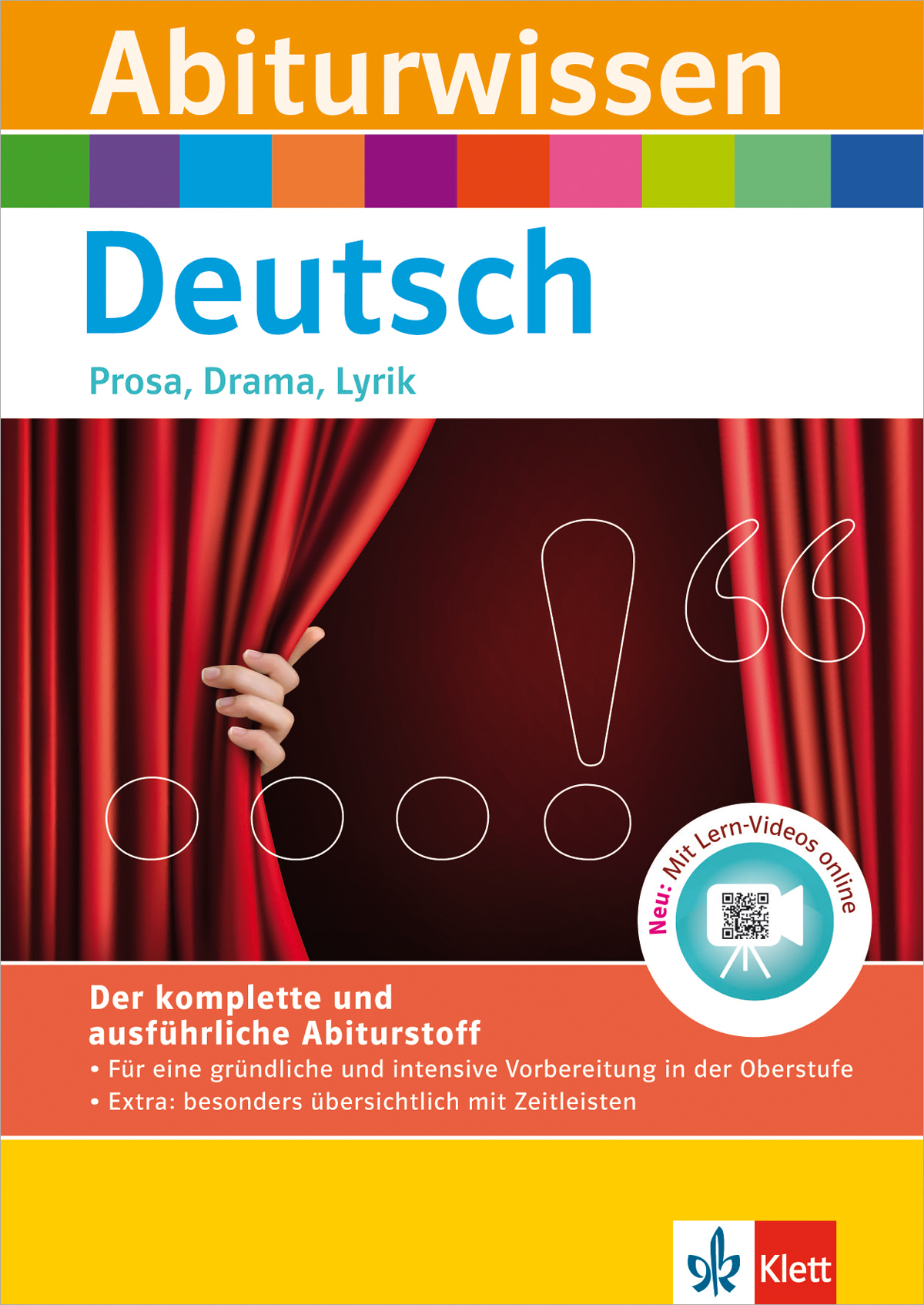 Buchumschlag mit dem Titel Abiturwissen Deutsch mit einem roten Vorhang, Ausrufezeichen und einer Hand, die den Vorhang beiseite zieht; im Untertitel werden Prosa, Drama und Lyrik erwähnt.