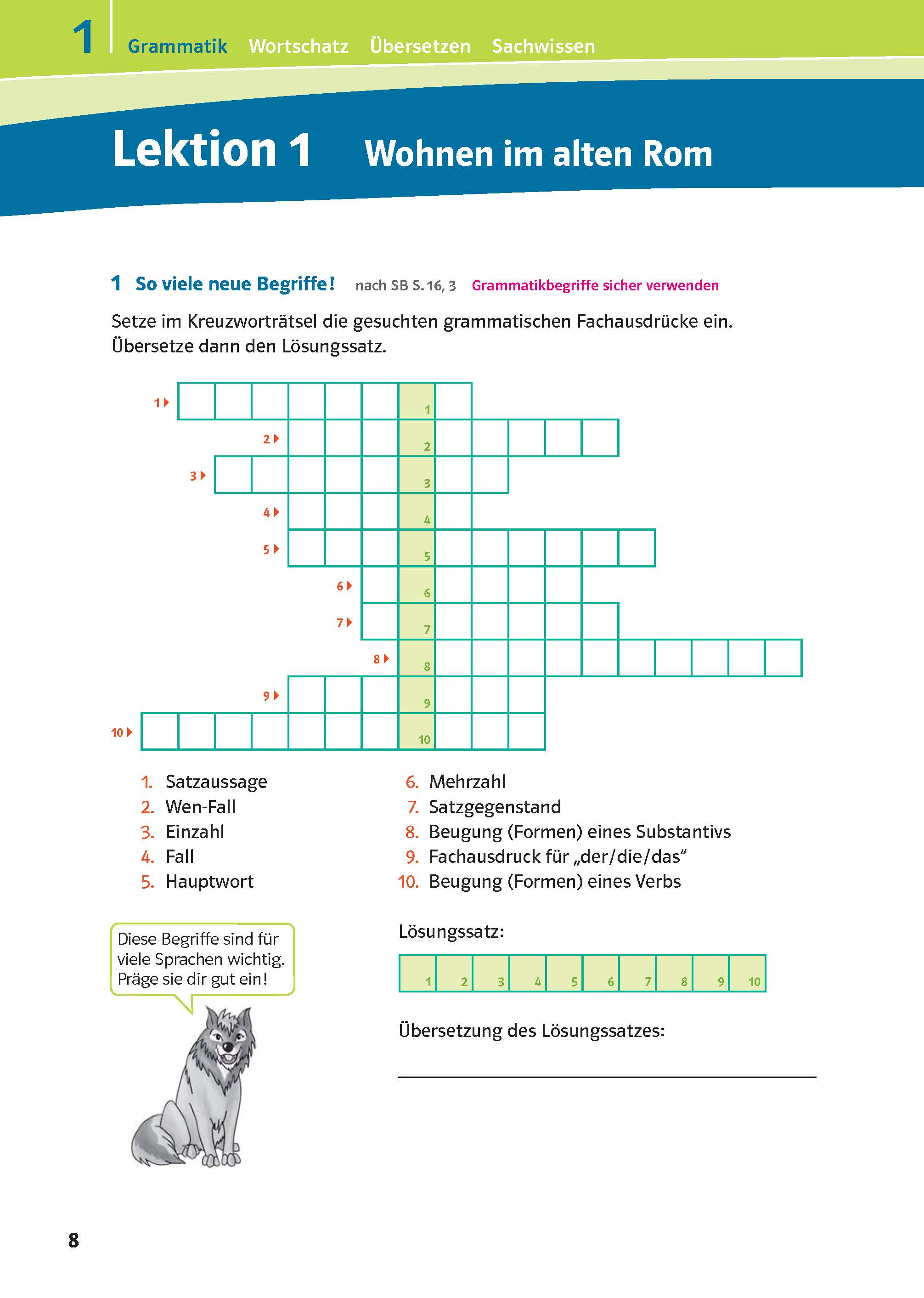 Eine Seite des Arbeitsbuchs Deutsch enthält ein Kreuzworträtsel zu grammatikalischen Begriffen, Anweisungen und eine Zeichnung eines Hundes in der unteren linken Ecke.