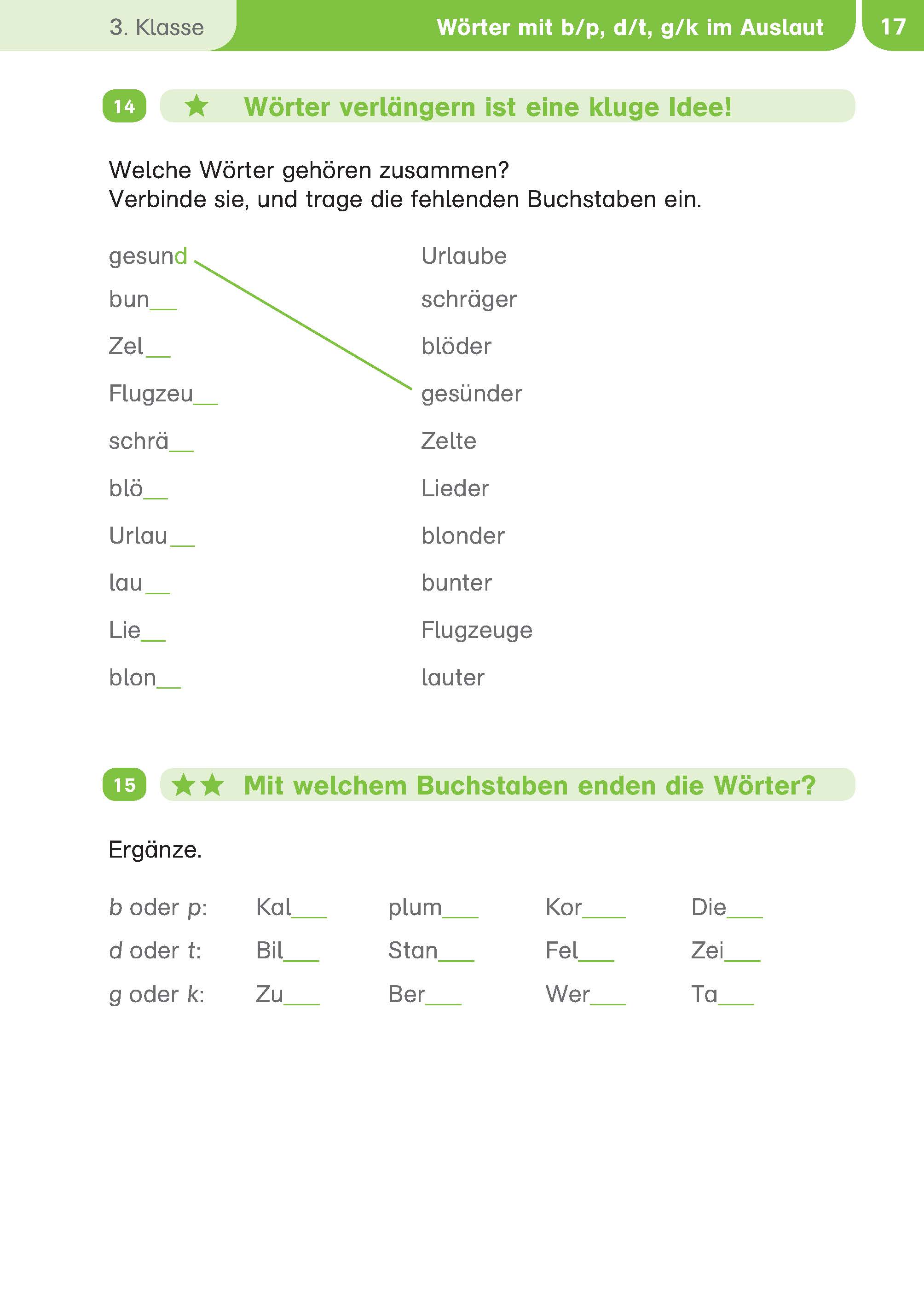Ein Arbeitsblatt für die deutsche Sprache für die dritte Klasse mit Aktivitäten zum Zuordnen von Wortpaaren und zum Ergänzen fehlender Wortendungen, mit grünen und weißen Abschnitten mit Unterrichtstext.