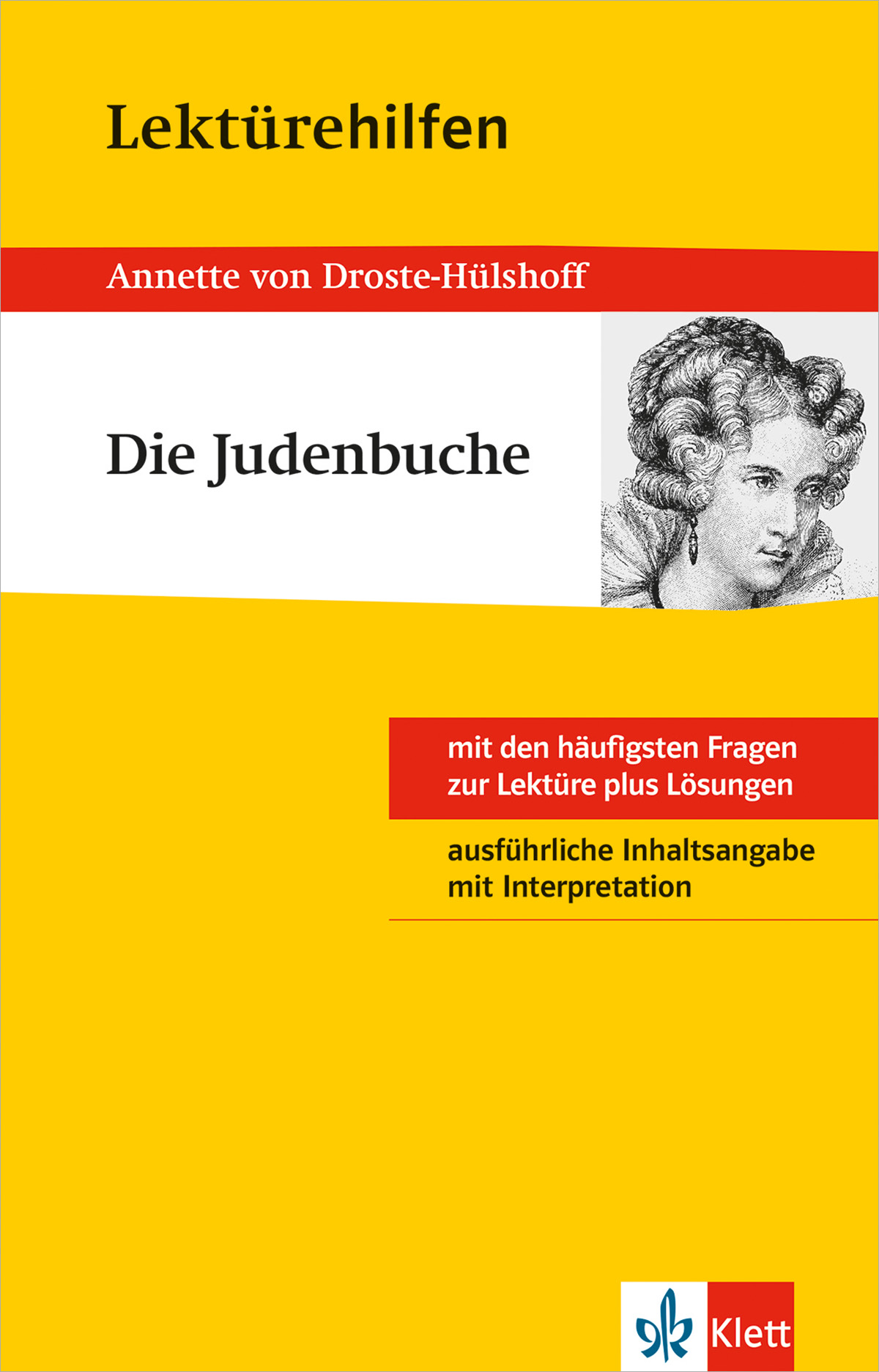 Umschlag eines Studienführers für Die Judenbuche von Annette von Droste-Hülshoff mit einer Porträtillustration und einem Text über Zusammenfassungen und Interpretationen des Inhalts.