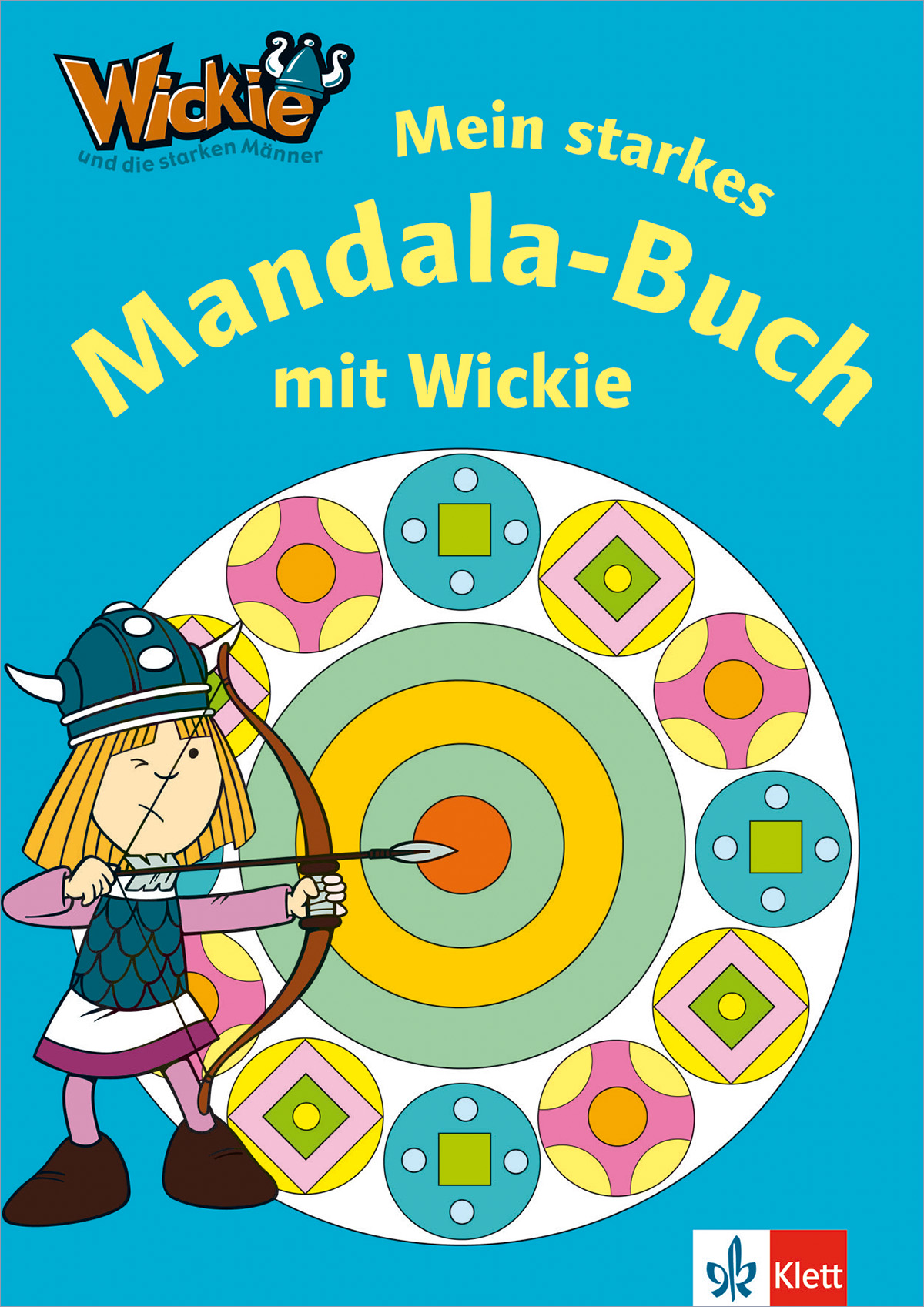 Illustrierter Umschlag eines Kinderbuchs mit dem Titel Mein starkes Mandala-Buch mit Wickie, das eine Zeichentrickfigur eines Wikingers zeigt, die mit einem Bogen auf ein buntes Mandala-Ziel zielt.