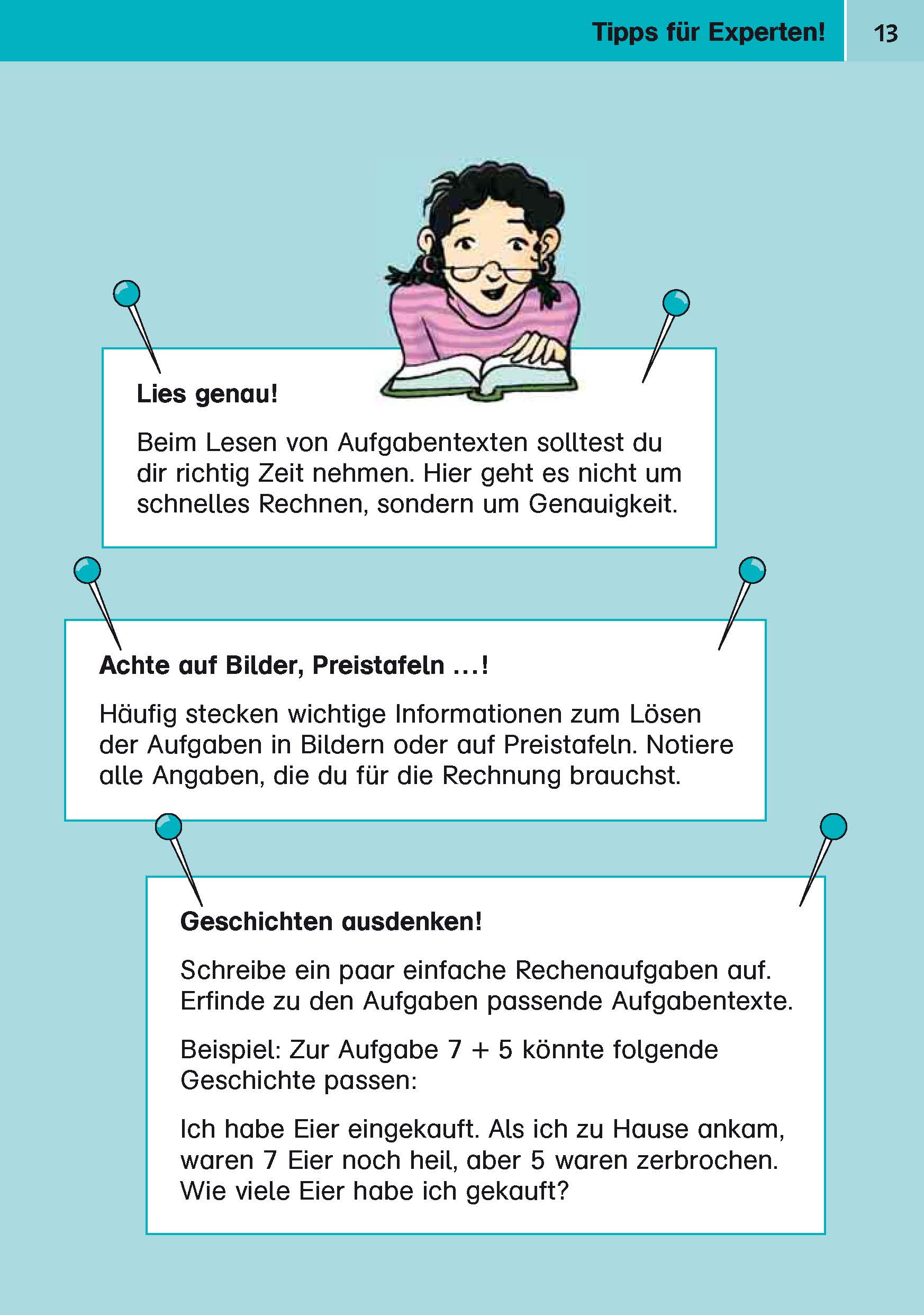 Eine Seite aus einem deutschen Arbeitsheft mit Tipps zum Lösen von Matheaufgaben, mit Cartoon-Schülern und Text zum Lesen von Aufgaben, Notieren von Details und Erstellen von Mathegeschichten.
