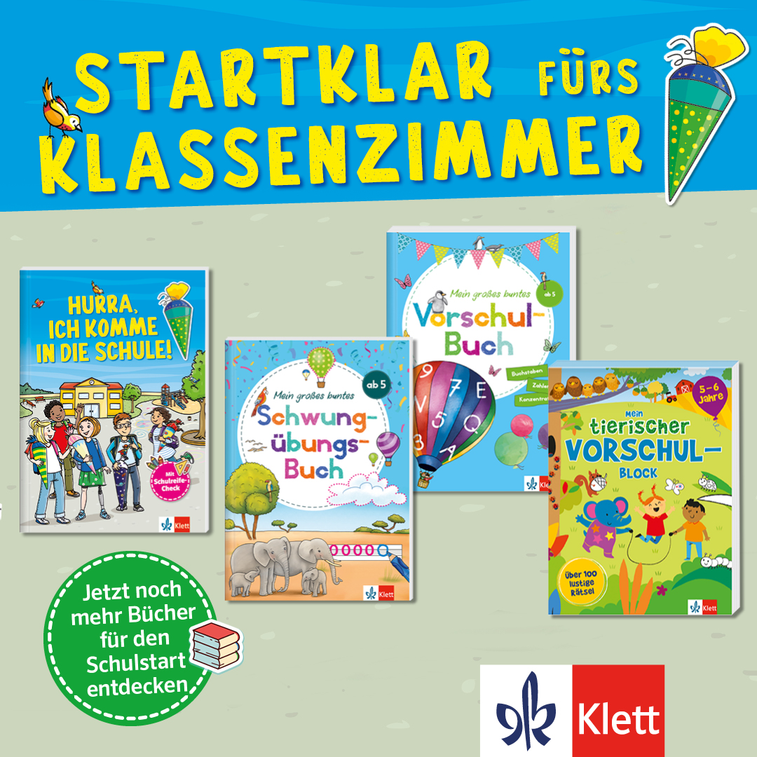 Bunte Anzeige mit vier deutschen Lehrbüchern für Kinder, mit der Überschrift Startklar fürs Klassenzimmer und dem Logo des Klett-Verlags unten rechts.