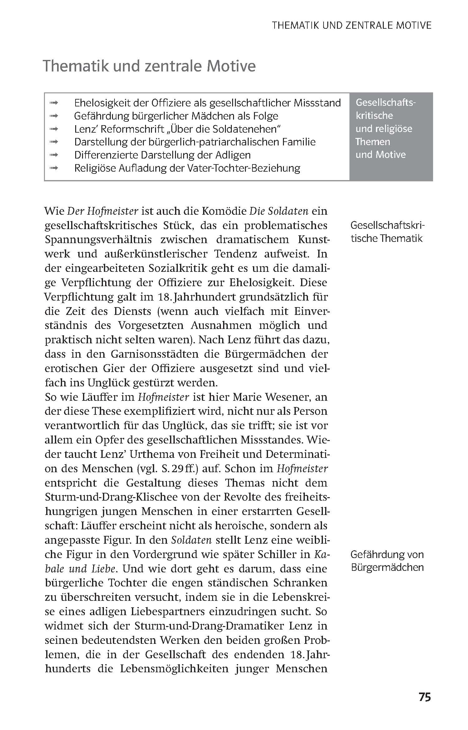 Eine Seite aus einem deutschsprachigen Buch, in dem thematische und zentrale Motive erörtert werden, mit einem Text, der Fragen der sozialen Klasse, der Familie und der religiösen Verpflichtungen in der Literatur hervorhebt.