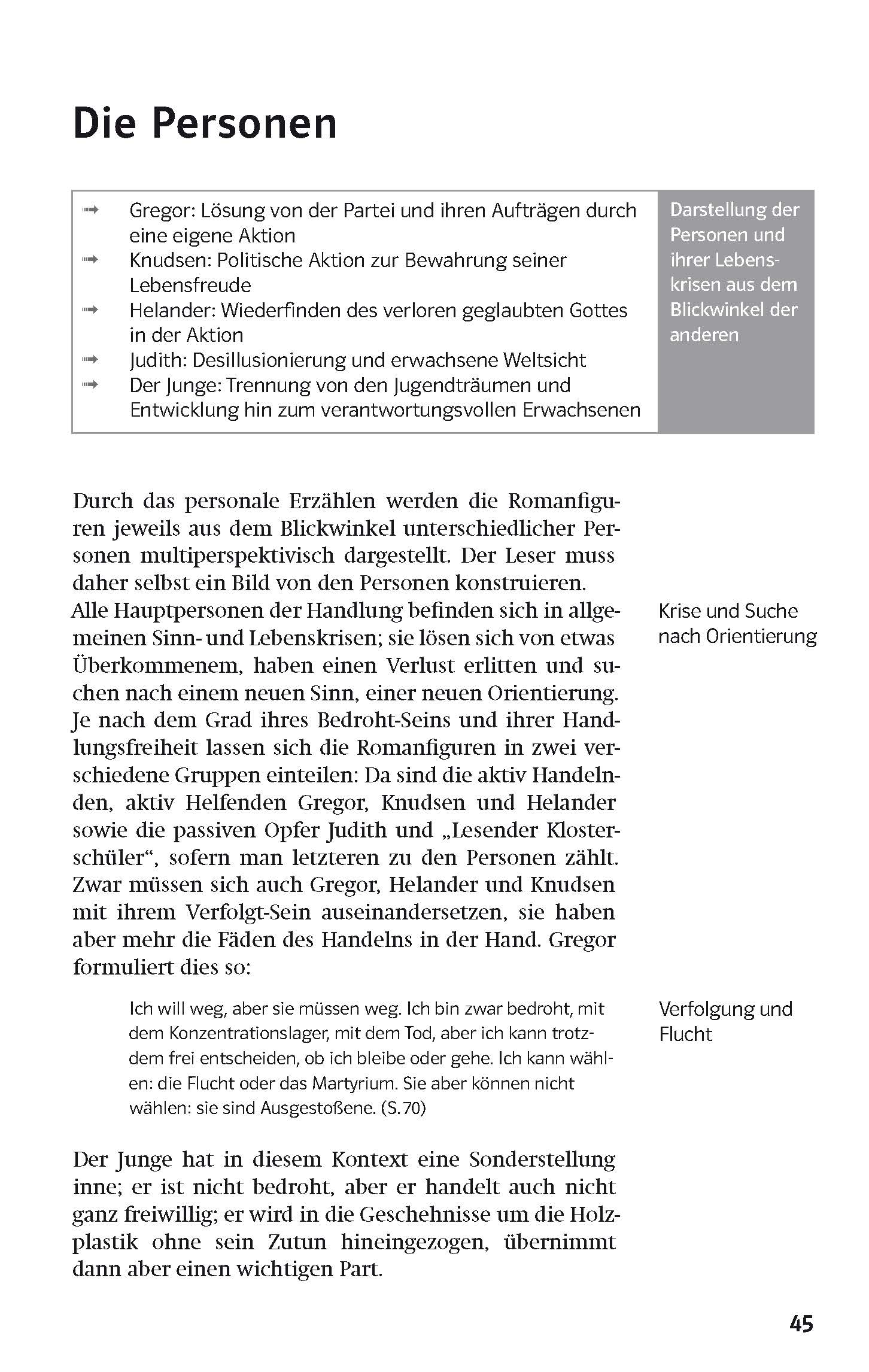 Eine deutschsprachige Lehrbuchseite mit dem Titel Die Personen, mit einer Liste von Namen und Eigenschaften der Figuren, einer Seitenleiste und einem Textblock mit Erläuterungen zur Erzählperspektive.