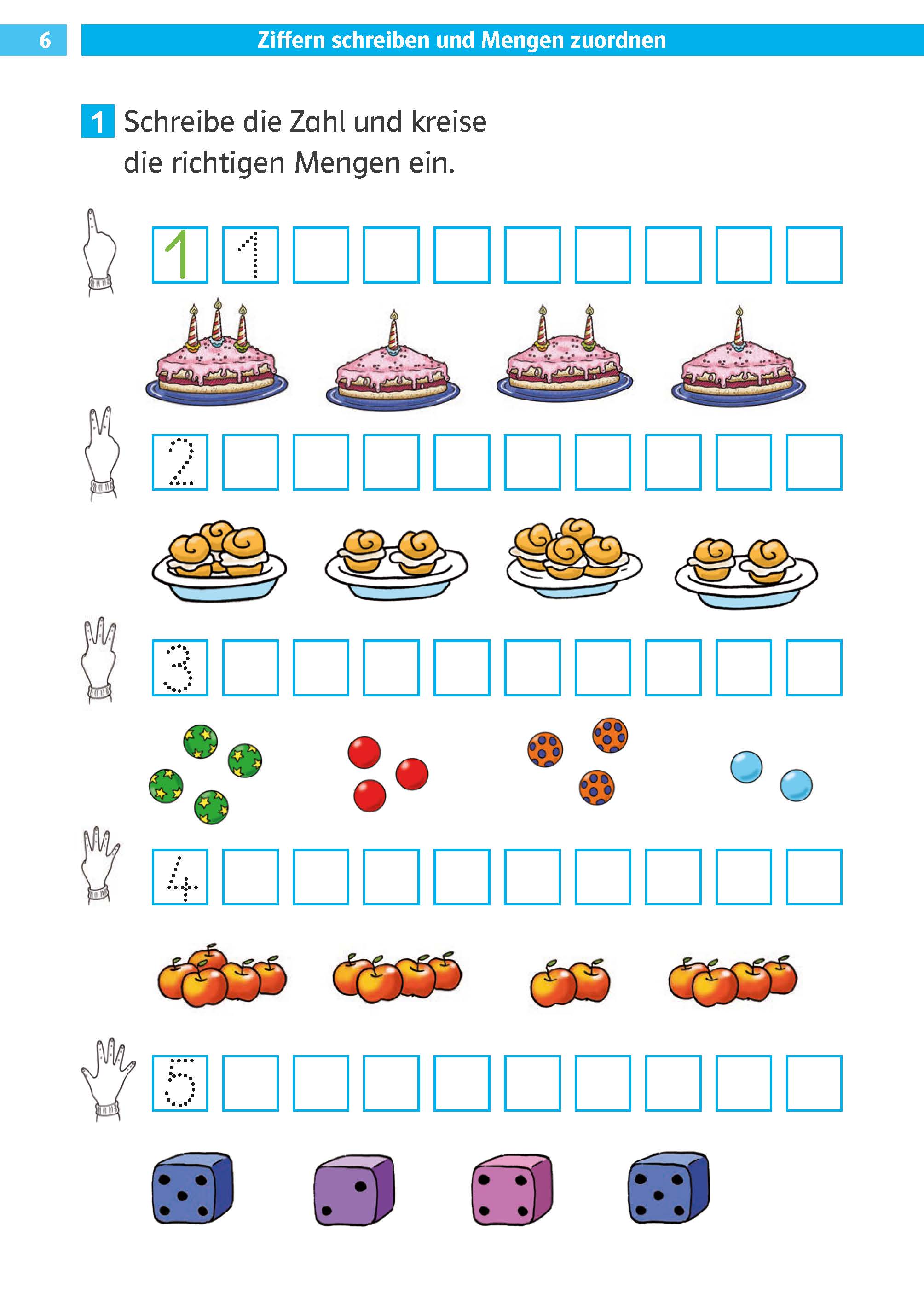 Klett Die Mathe-Helden: Rechnen bis 20, 1. Klasse Ein Arbeitsblatt mit Abbildungen von Kuchen, Nudelplatten, Tomaten, Äpfeln und Würfeln, mit Kästchen für passende Mengen und Zahlen neben jeder Zeile. Deutsche Anweisungen am Anfang des Blattes.
