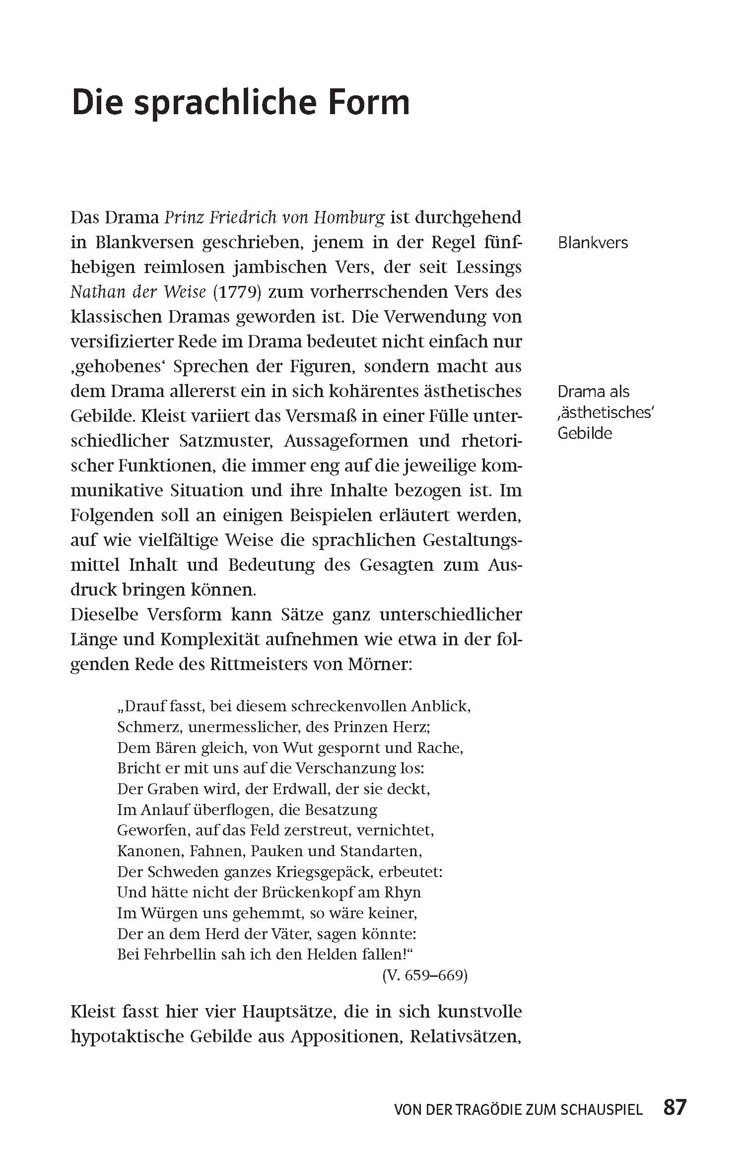Klett Lektürehilfen Heinrich von Kleist, Prinz Friedrich von Homburg Eine Lehrbuchseite in deutscher Sprache erörtert die Verwendung von Blankversen und stilisierter Sprache im deutschen Drama, mit zwei seitlichen Anmerkungen und der Seitenzahl 87 unten rechts.
