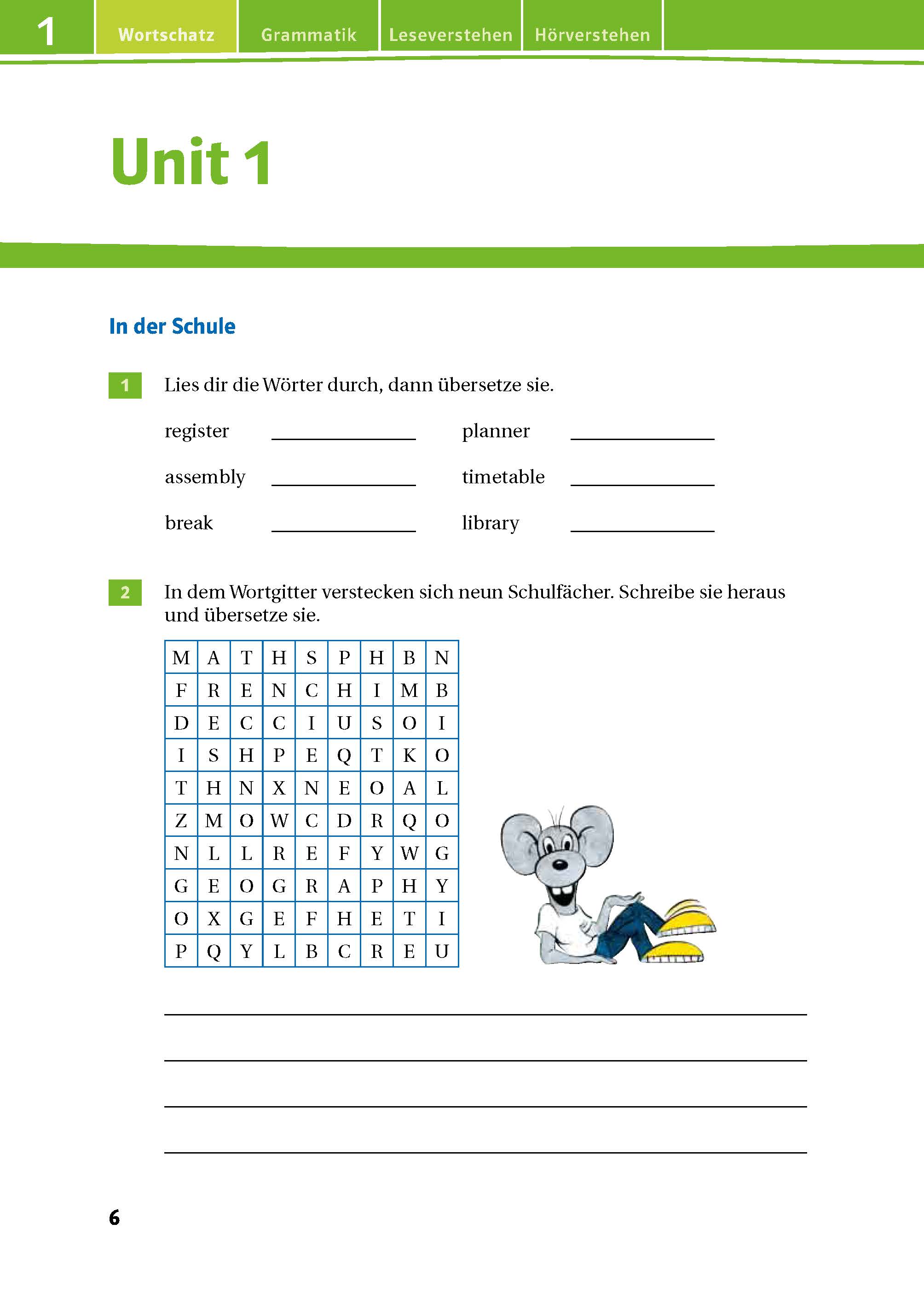 Ein deutsch-englisches Vokabelarbeitsblatt für schulrelevante Wörter, mit einer Wortsuche, Übersetzungsaufgaben und einer illustrierten Maus, die ein Buch liest.