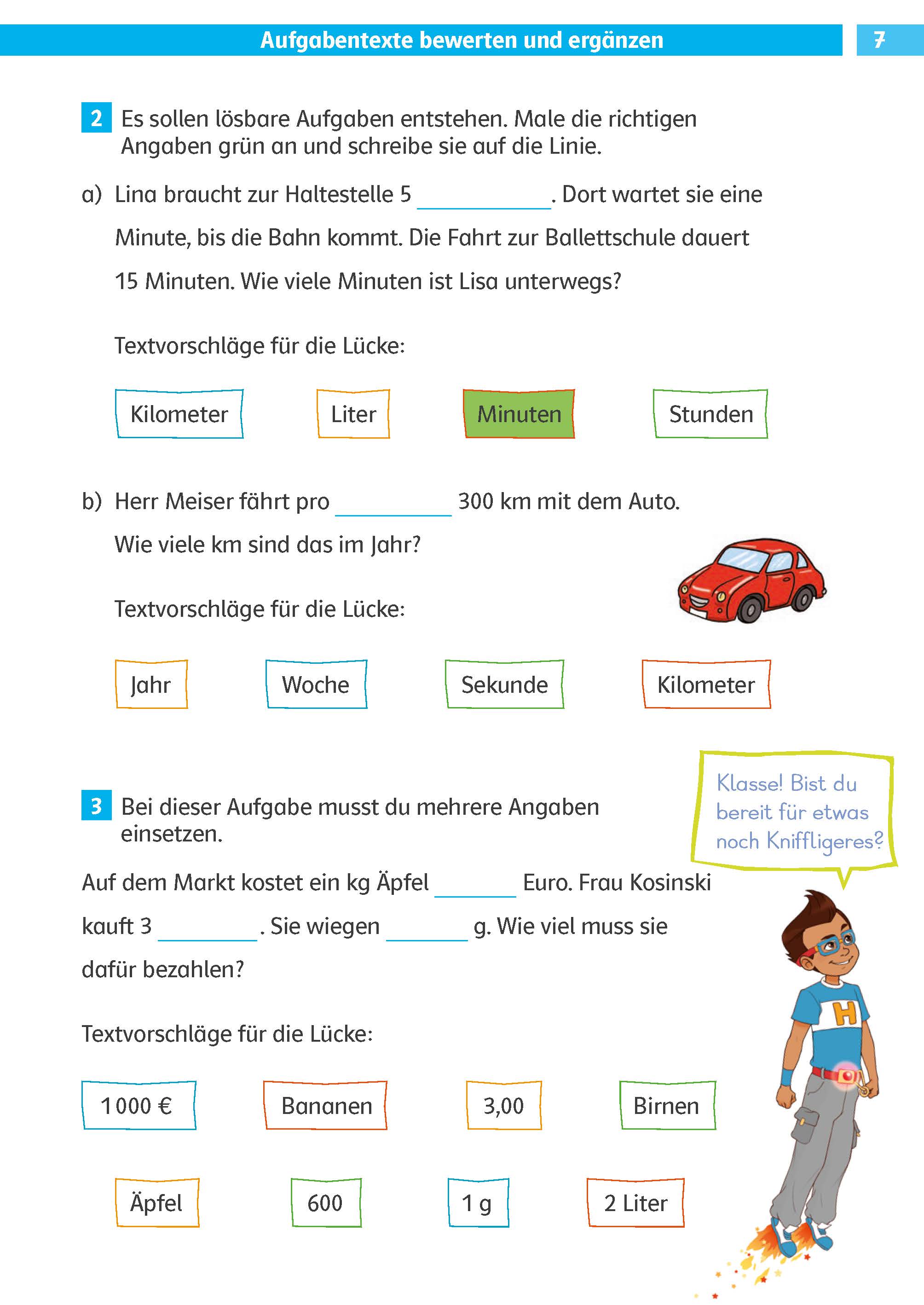 Klett Die Mathe-Helden: Textaufgaben / Sachaufgaben 4. Klasse Ein deutsches Arbeitsblatt mit Wortaufgaben zu Zeit und Entfernung, Multiple-Choice-Antworten, einer Zeichnung eines roten Autos und einer Illustration eines Mädchens, das eine Karte hält.