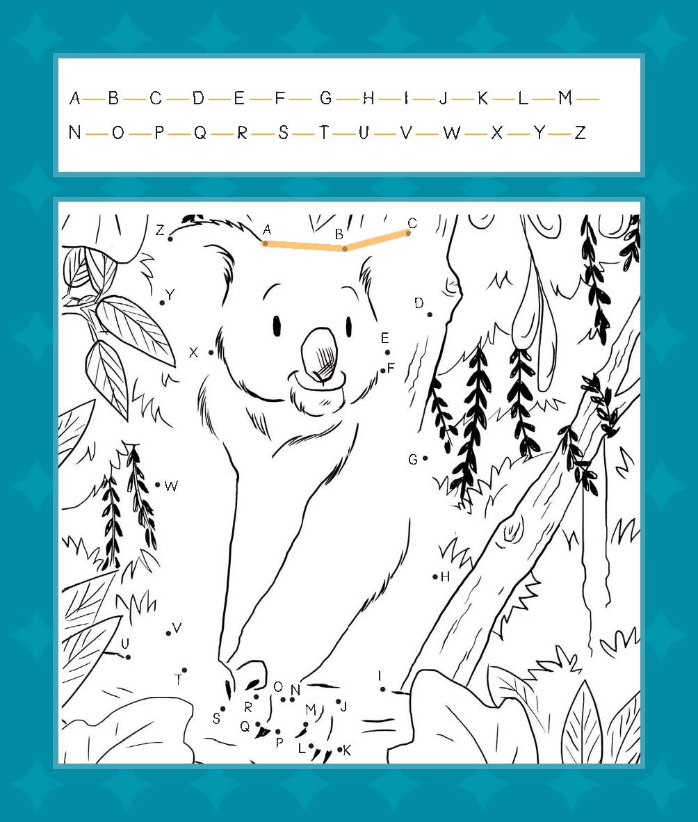 Klett Mein Lieblings-Block für unterwegs Schwarz-Weiß-Malvorlage eines Koalas in einem Wald, mit Buchstaben des Alphabets, die über das ganze Bild verstreut sind, für eine Aktivität. Ein Alphabet Schlüssel ist an der Spitze angezeigt.