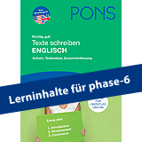 PONS Texte schreiben Englisch: The American Dream Umschlag eines deutschsprachigen Lehrbuchs mit dem Titel PONS Texte schreiben Englisch mit einem blauen Banner mit der Aufschrift Lerninhalte für phase-6.