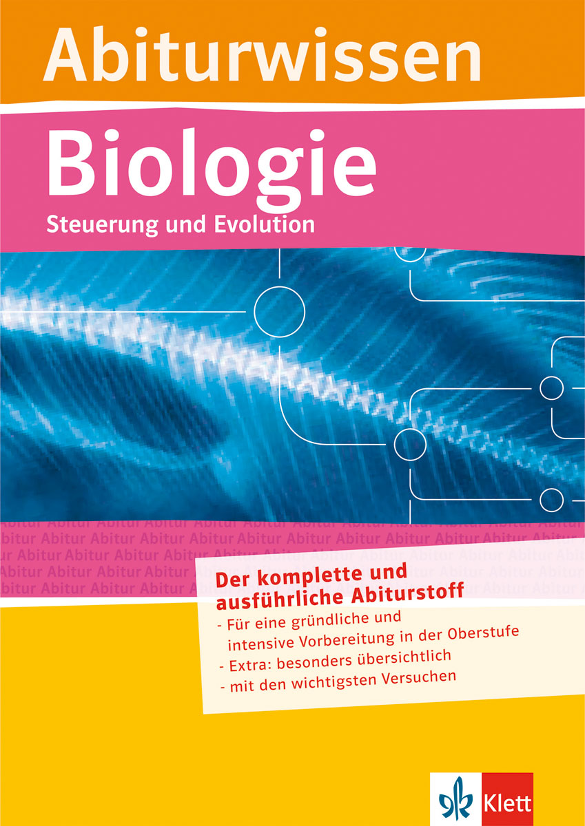 Umschlag eines deutschen Biologielehrbuchs mit dem Titel Abiturwissen Biologie mit abstrakten blauen und rosafarbenen Grafiken und Informationen über den Inhalt der Prüfungsvorbereitung.