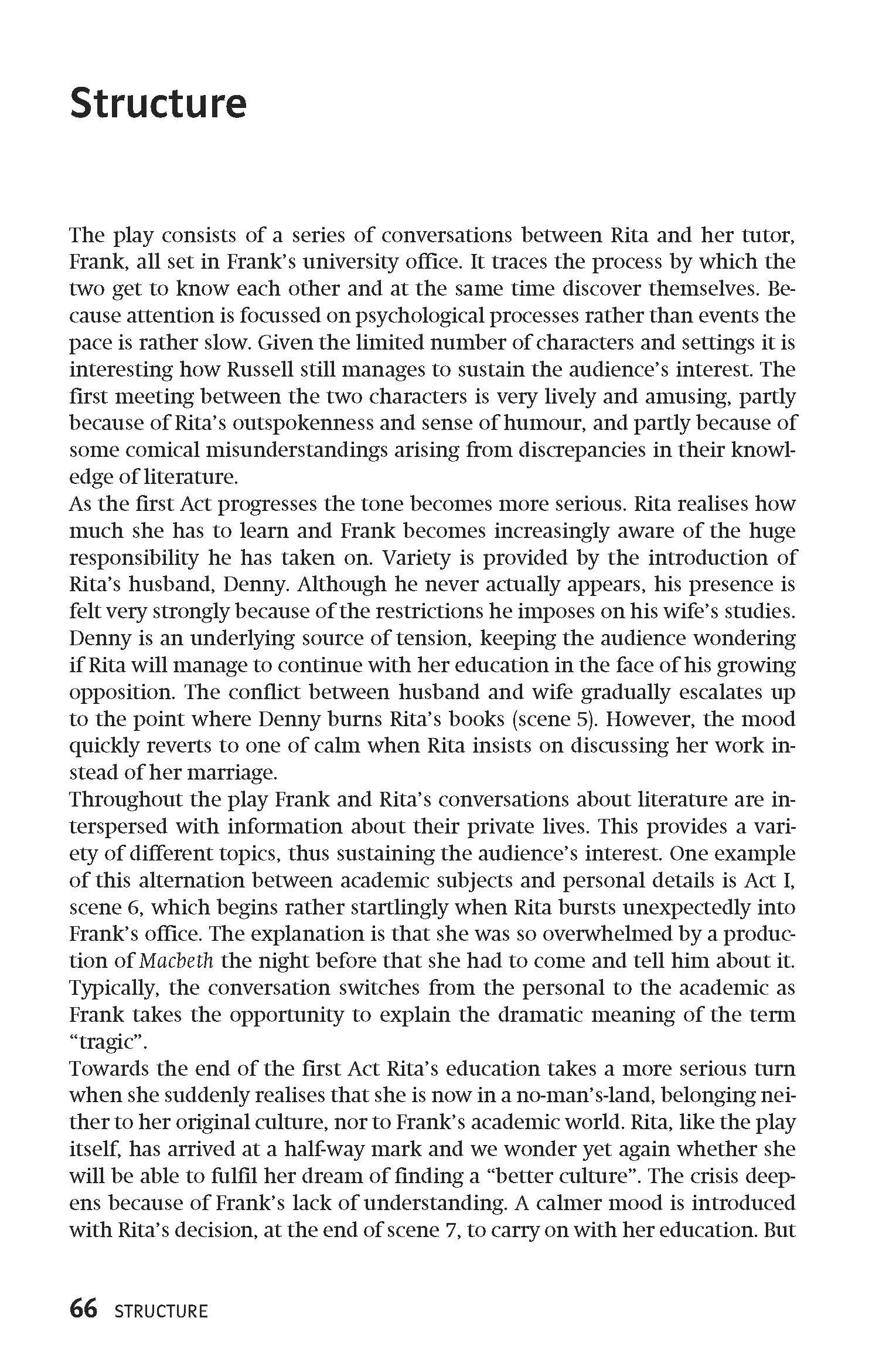 Eine Seite aus einem Buch mit dem Titel Structure, in dem das Stück Educating Rita besprochen und die Handlung, die Hauptfiguren und der thematische Schwerpunkt auf sozialen und psychologischen Prozessen beschrieben werden.