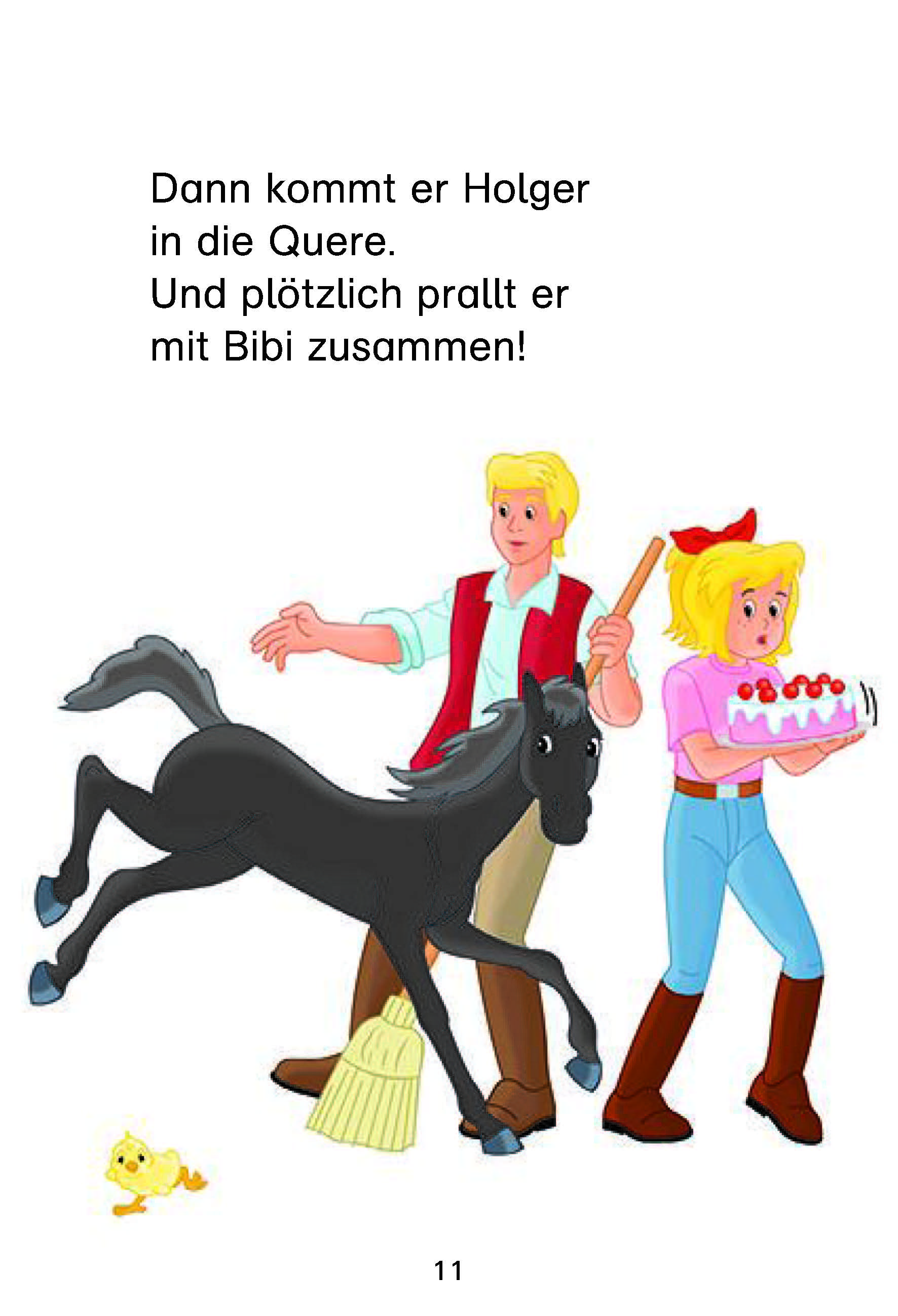 Bibi & Tina: Los geht's im Galopp! Vier spannende Pferdegeschichten in einem Band Ein Junge mit einem Besen und ein Mädchen, das einen Kuchen trägt, werden von einem schwarzen Pferd angerempelt; eine kleine gelbe Ente steht in der Nähe.
