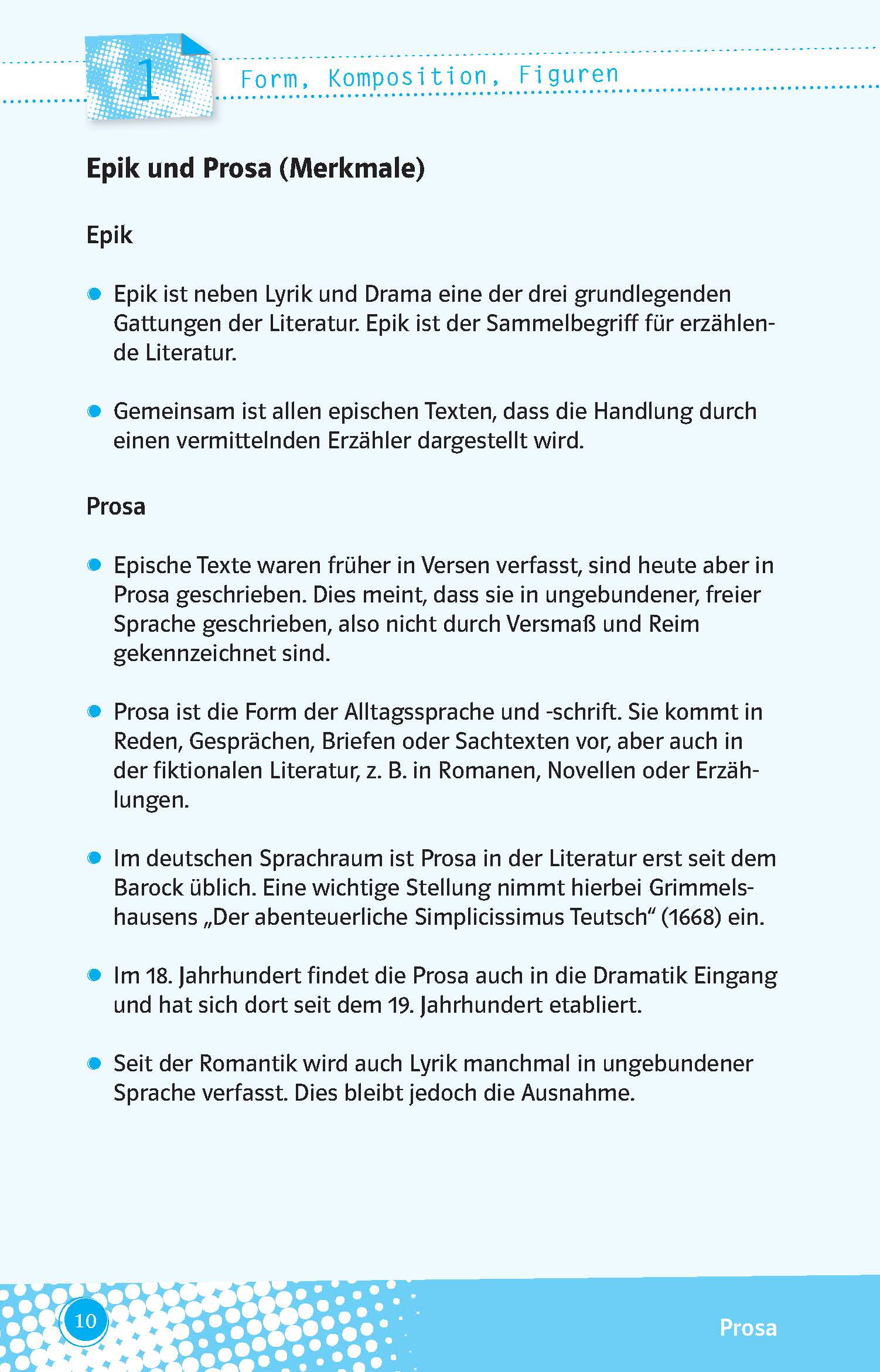 Eine deutschsprachige Seite, die die Merkmale von Epik und Prosa mit Überschriften, Aufzählungspunkten und blauen Hervorhebungen beschreibt.
