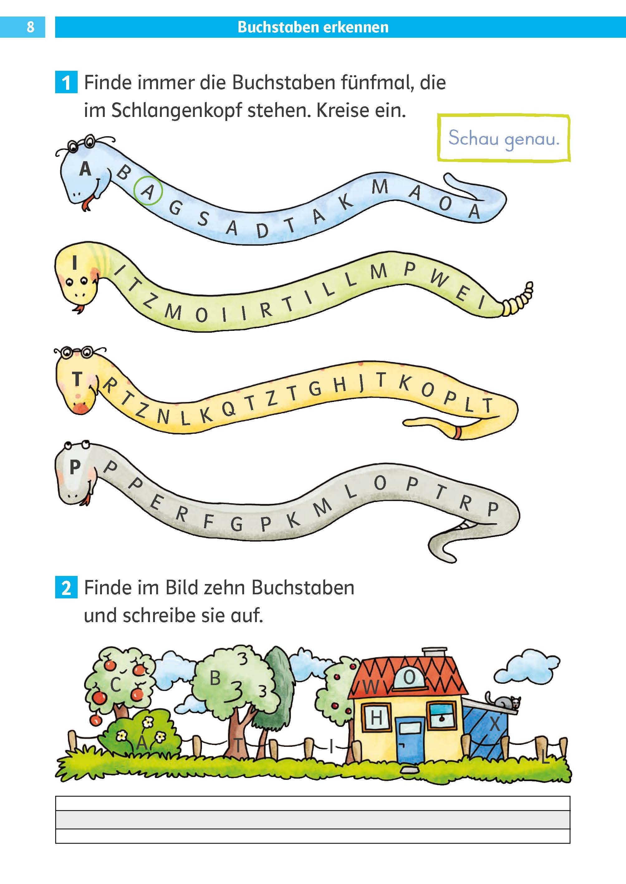 Klett Die Deutsch-Helden: Lesen und schreiben 1. Klasse Drei Schlangen mit Buchstaben auf ihren Körpern; die Anweisungen fordern dazu auf, den Buchstaben F fünfmal einzukreisen. Darunter eine Häuserszene mit der Aufforderung, zehn versteckte Buchstaben auf dem Bild zu finden und zu schreiben.