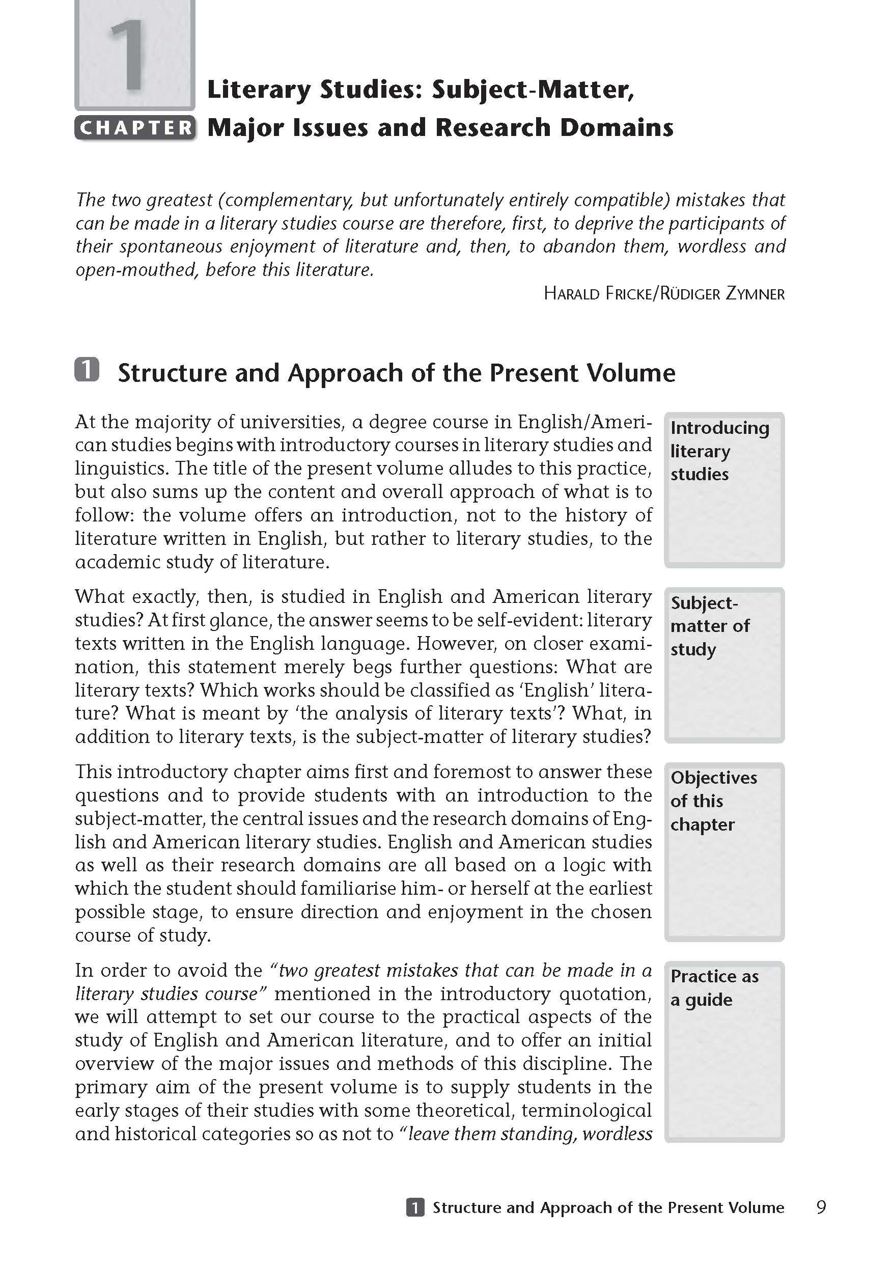 Uni Wissen An Introduction to the Study of English and American Literature Eine Lehrbuchseite mit dem Titel Literaturwissenschaft: Gegenstand, Hauptthemen und Forschungsbereiche mit Überschriften, einem Zitat und einem strukturierten Überblick über den Inhalt des Kapitels.