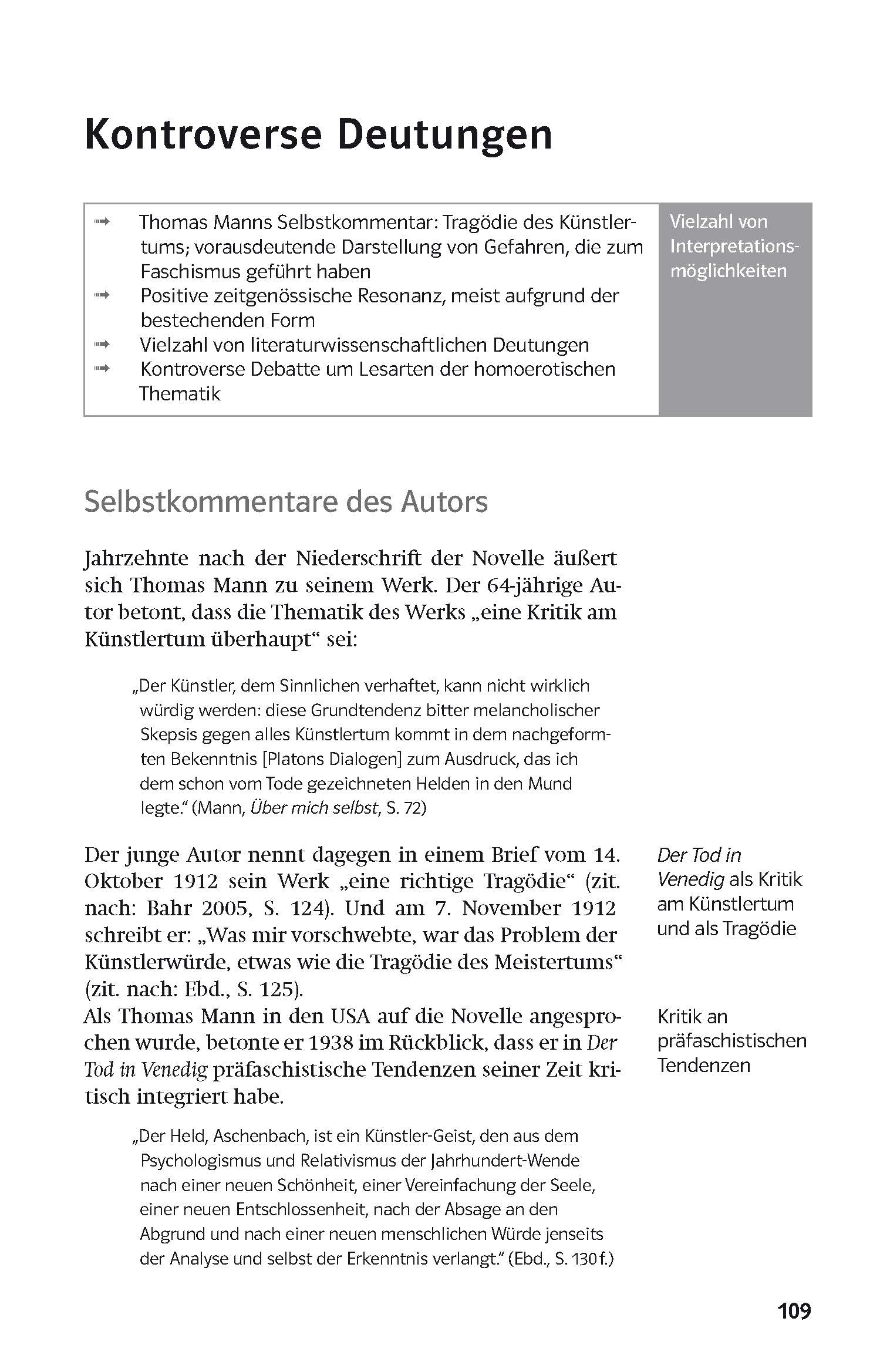 Eine deutschsprachige Lehrbuchseite erörtert die Kontroverse über Thomas Manns Roman mit Auszügen, Analysen und einer zusammenfassenden Tabelle über Interpretationsmöglichkeiten. Die Seitenzahl 109 erscheint am unteren Rand.