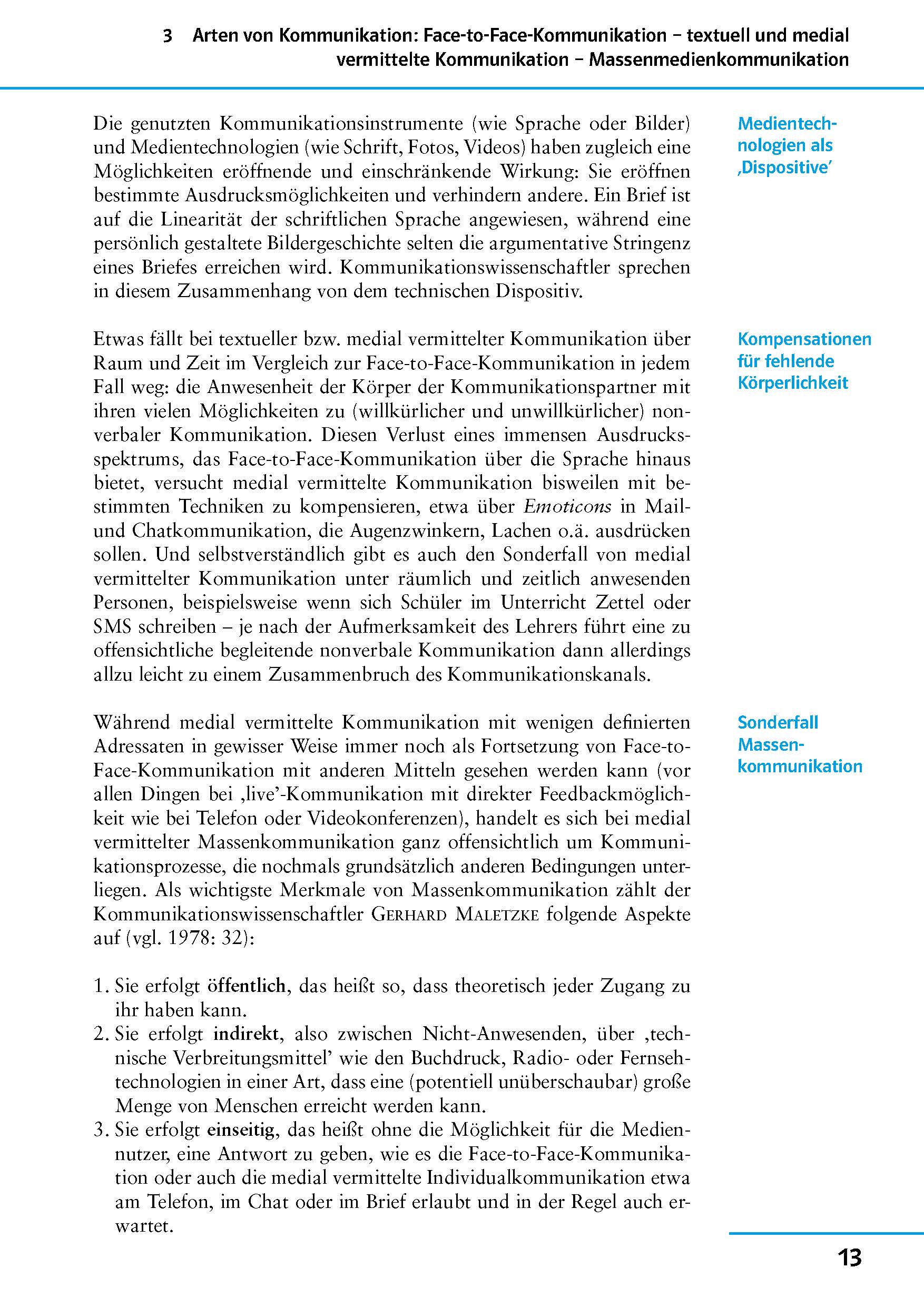 Auf einer Lehrbuchseite in deutscher Sprache werden Kommunikationsformen erörtert, wobei der Schwerpunkt auf Face-to-Face- und medialer Kommunikation liegt, mit einer blauen Seitenleiste mit dem Titel Medientechnologien als Dispositive.