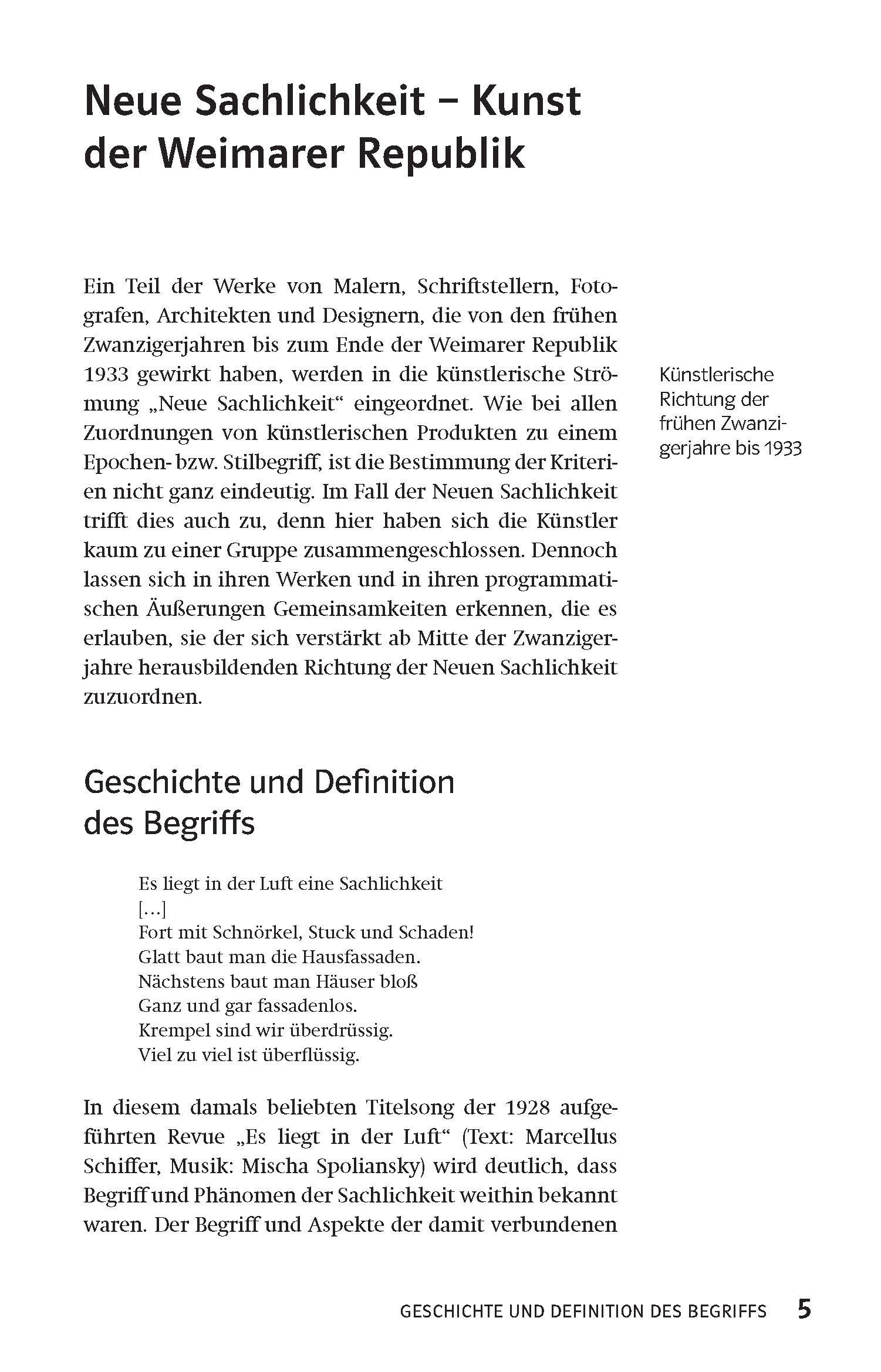 Klett Lektürehilfen Neue Sachlichkeit Eine Lehrbuchseite in deutscher Sprache behandelt die Kunst der Neuen Sachlichkeit in der Weimarer Republik, mit Textblöcken und einer hervorgehobenen Definition in der Seitenleiste. Die Seitenzahl 5 erscheint am unteren Rand.