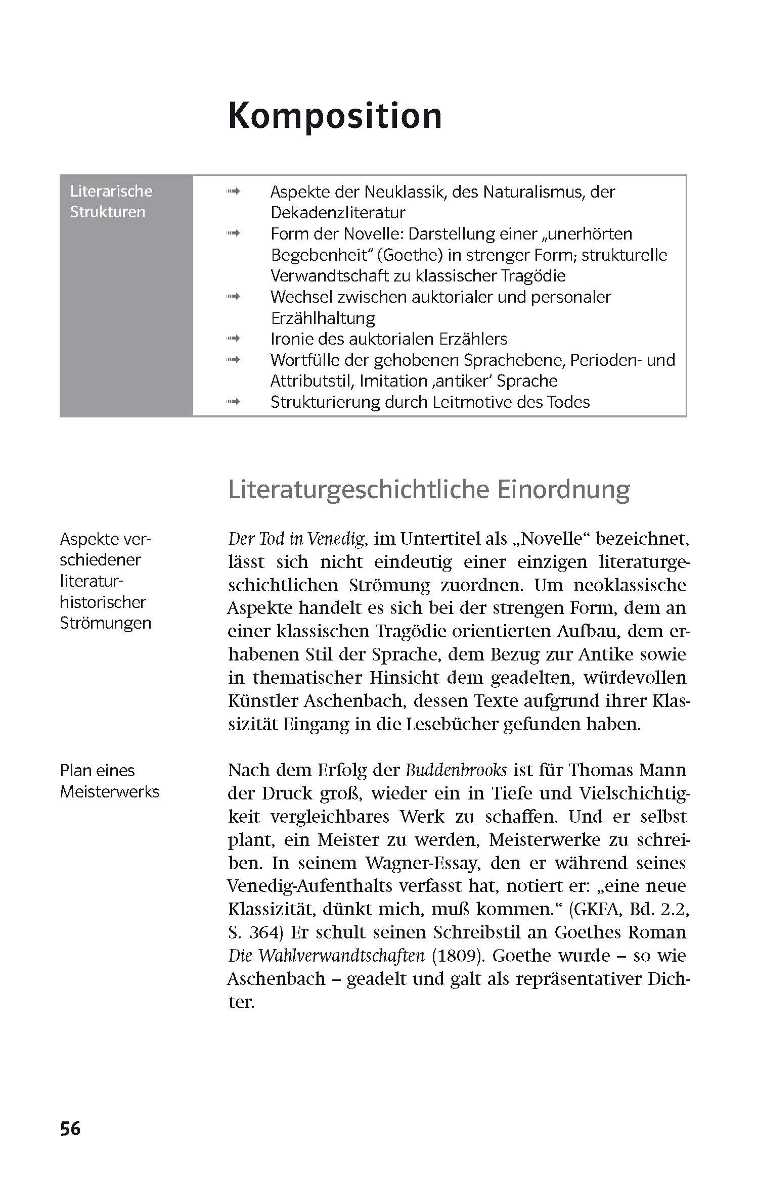 Auf einer Lehrbuchseite in deutscher Sprache wird das literarische Schreiben, einschließlich literarischer Strukturen, historischer Zusammenhänge und der Definition einer Novelle, mit Aufzählungspunkten und einem Textblock behandelt.