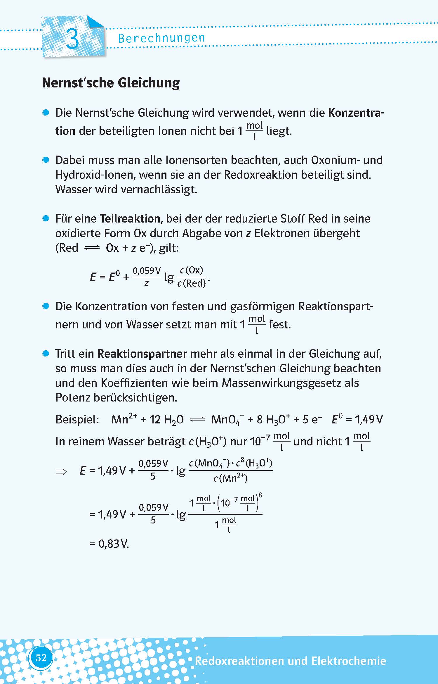 Auf einer Lehrbuchseite werden die Nernst-Gleichung, ihre Erklärung und die dazugehörigen Formeln in deutscher Sprache dargestellt, wobei Begriffe hervorgehoben, mathematische Notation verwendet und Abschnitte nummeriert werden.