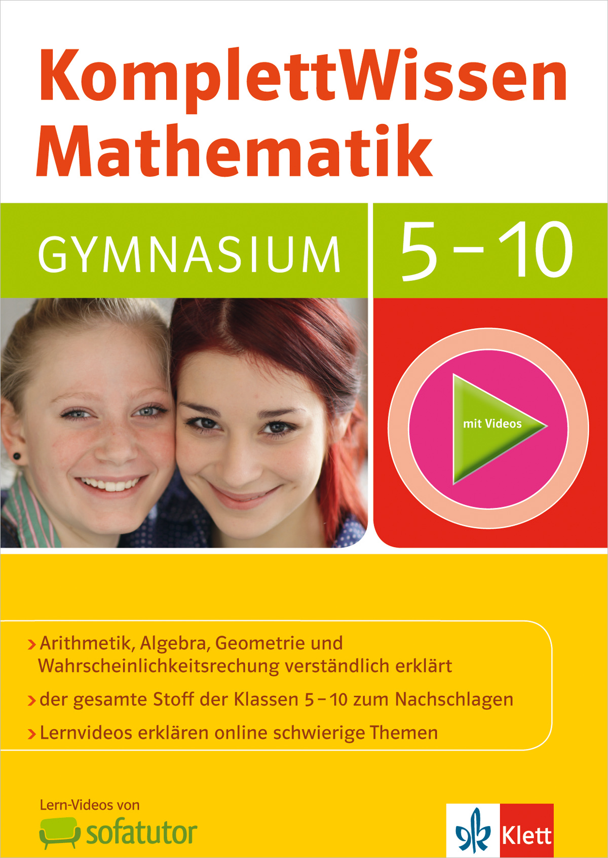 Das Cover des Buches mit dem Titel KomplettWissen Mathematik Gymnasium 5-10 zeigt zwei lächelnde Schüler, ein Play-Button-Symbol für Videos und eine Liste der enthaltenen mathematischen Themen.