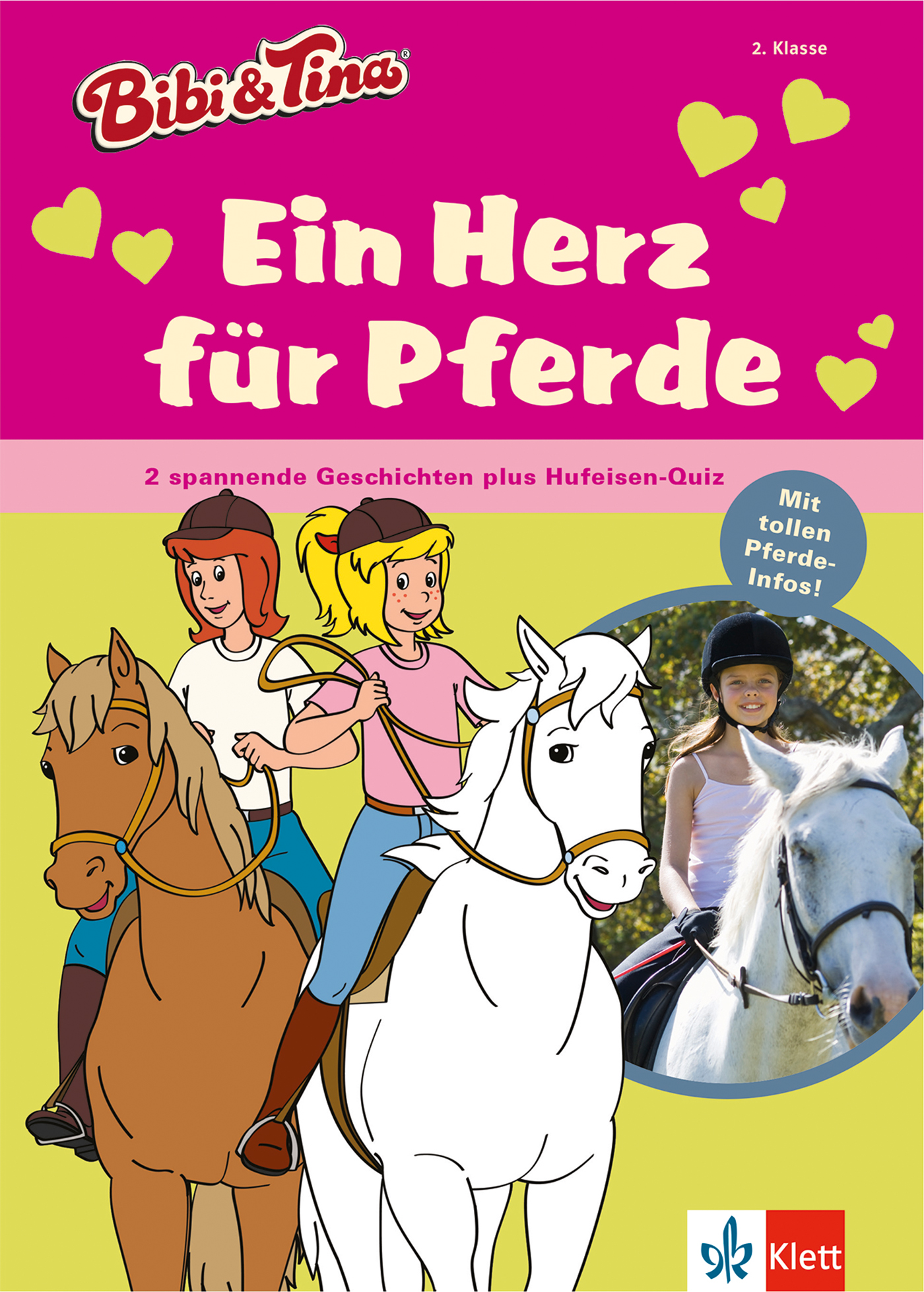 Bibi & Tina: Ein Herz für Pferde Das Buchcover zeigt zwei Cartoon-Mädchen, die auf Pferden reiten, mit dem Titel Ein Herz für Pferde. Ein eingefügtes Foto zeigt ein Mädchen auf einem Pferd. Der Umschlag enthält Herzen und einen Werbetext in deutscher Sprache.