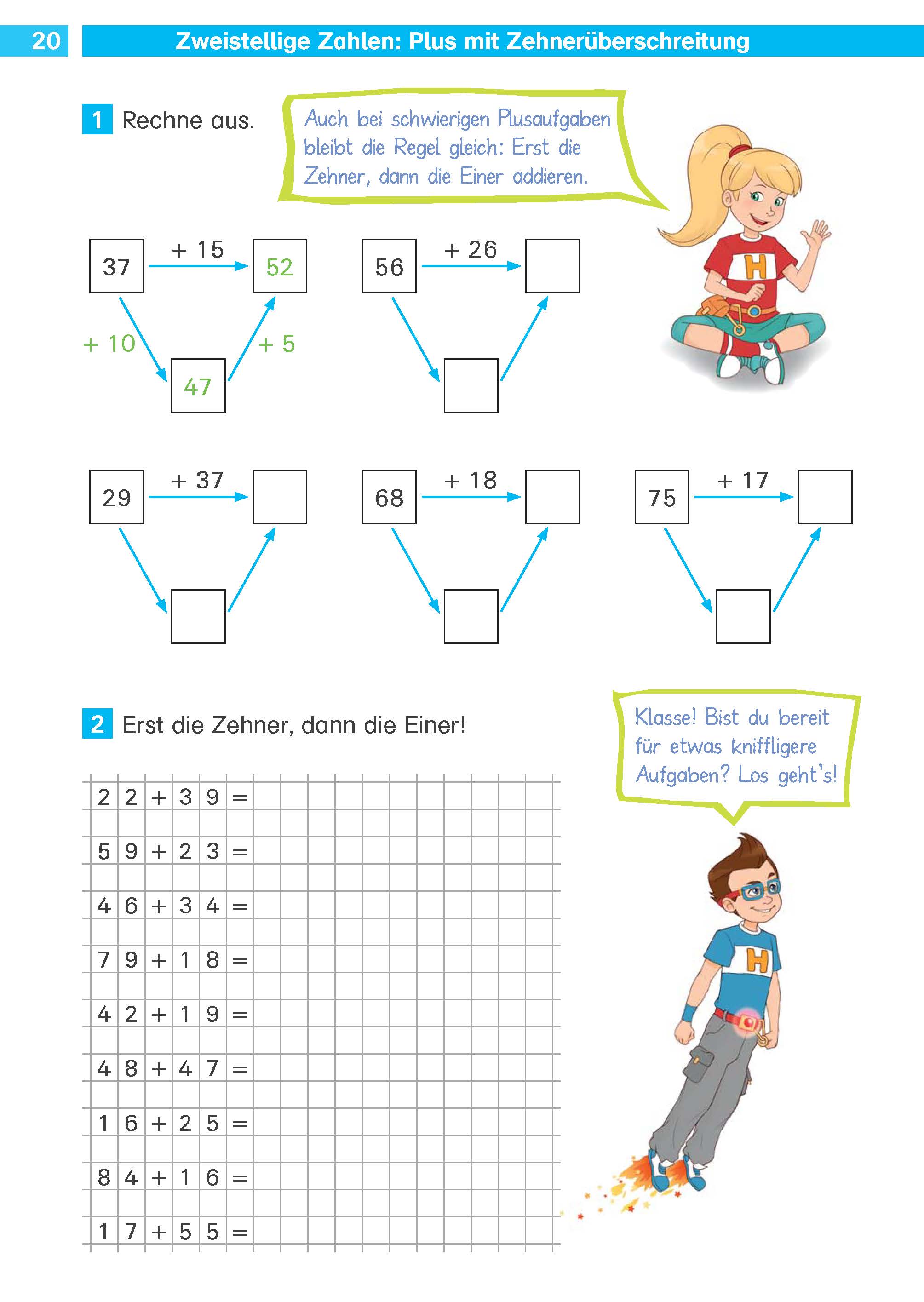 Klett Die Mathe-Helden: Rechnen bis 100 2. Klasse Ein Mathematik-Arbeitsblatt für Kinder enthält Additionsaufgaben mit zweistelligen Zahlen, Anweisungen und Illustrationen von zwei Cartoon-Kindern, von denen eines steht und eines auf einem Skateboard fährt.