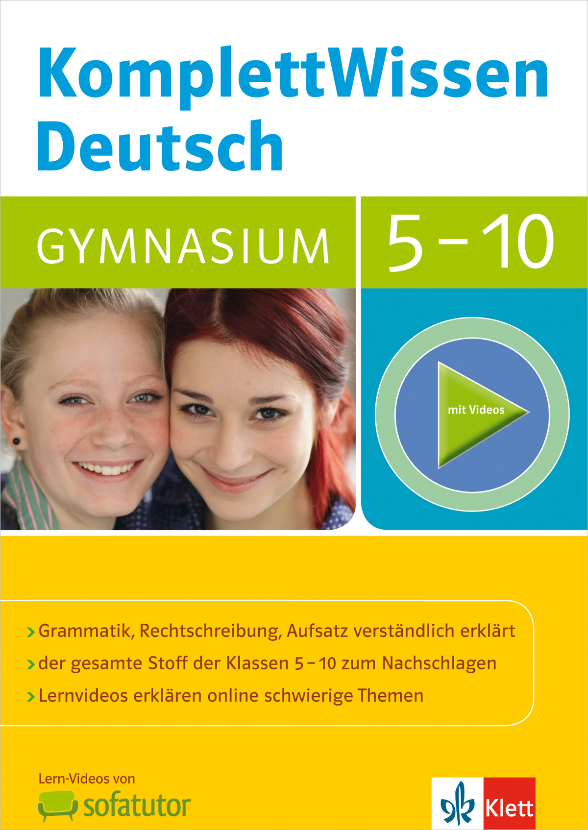 Ein Schulbuch-Cover mit dem Titel KomplettWissen Deutsch Gymnasium 5-10 mit zwei lächelnden Mädchen, einem Play-Button-Symbol und Informationen über Grammatik und Video-Lernhilfen.