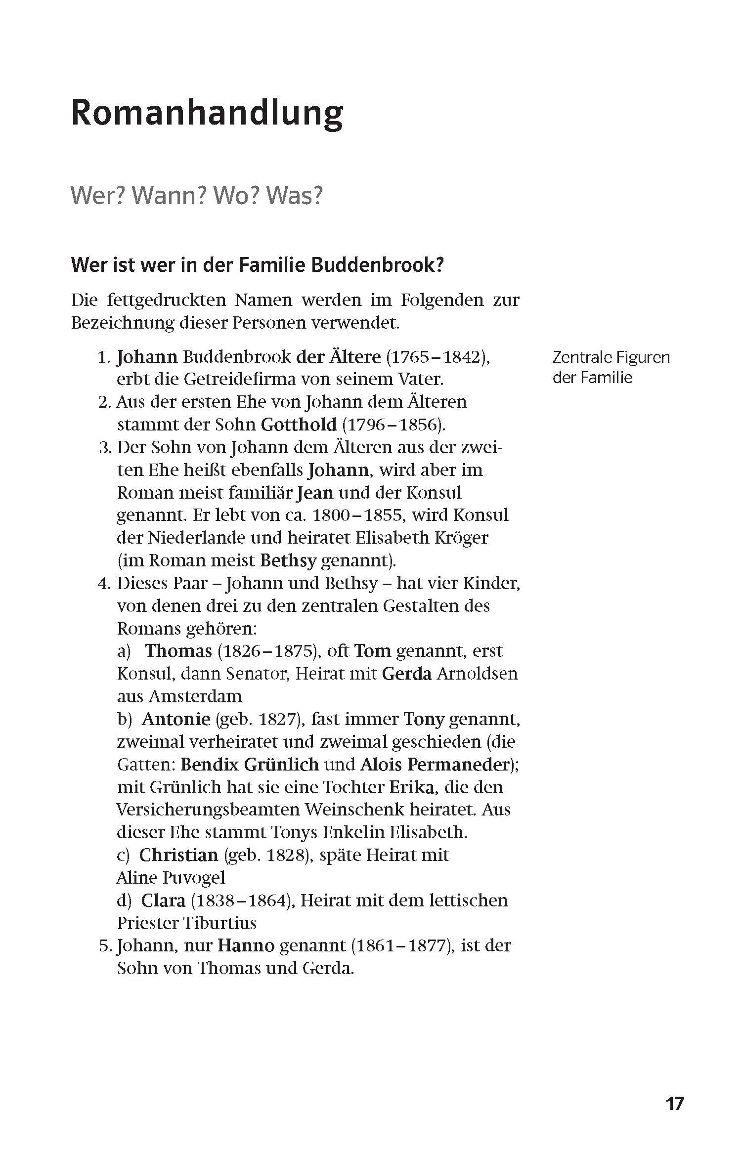 Eine deutsche Textseite mit dem Titel Romanhandlung behandelt die Familie Buddenbrook, listet die wichtigsten Mitglieder und ihre Beziehungen auf und enthält einen Hinweis auf zentrale Familienfiguren. Die Seitenzahl 17 erscheint am unteren Rand.
