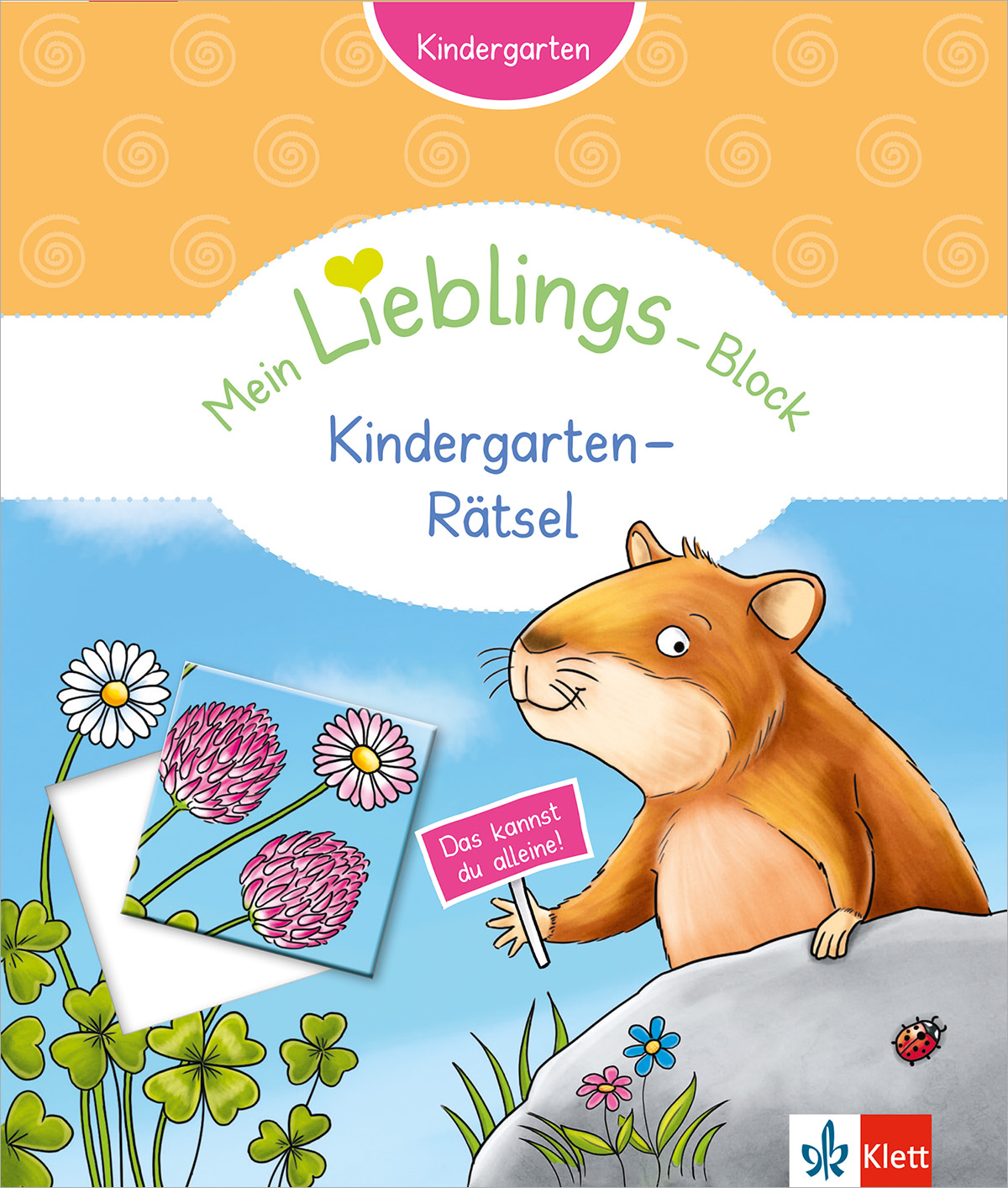 Klett Mein Lieblings-Block Kindergarten-Rätsel Ein Cartoon-Hamster steht auf einem Felsen neben Blumen und einer Karte mit dem deutschen Text Mein Lieblings-Block: Kindergarten-Rätsel auf einem farbenfrohen Arbeitsbuchdeckel.
