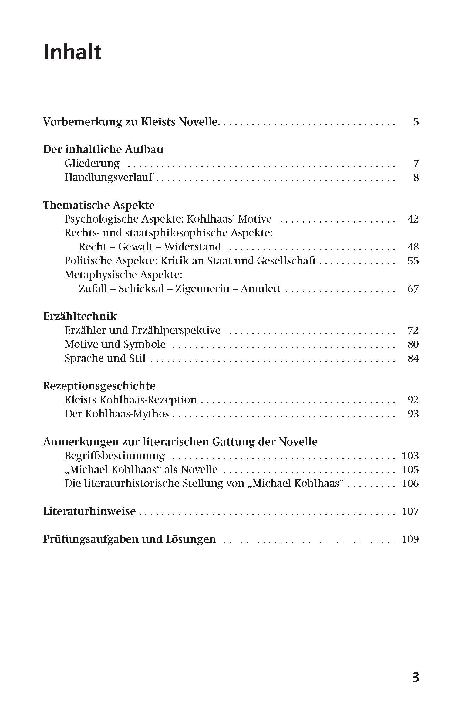Inhaltsverzeichnis mit Abschnitten und Seitenzahlen zu Themen wie Interpretationen, Aspekte, Erzähltechniken und literarische Rezeption von Kleists Novelle.
